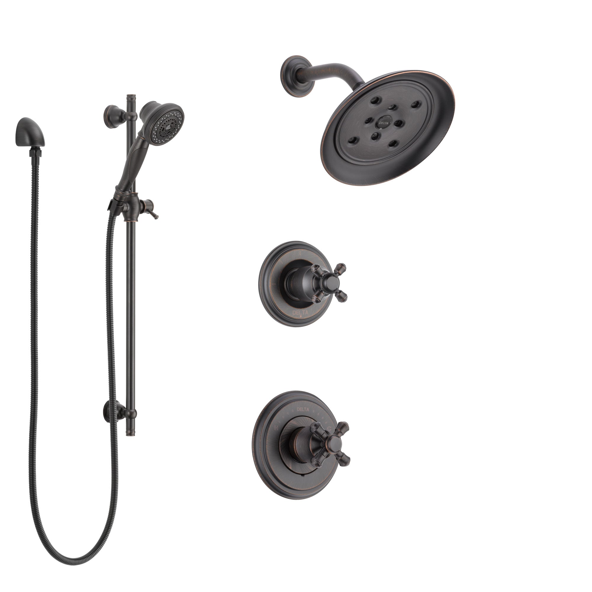Delta Cassidy Venetian Bronze Finish Shower System with Control Handle, 3-Setting Diverter, Showerhead, and Hand Shower with Slidebar SS142972RB5