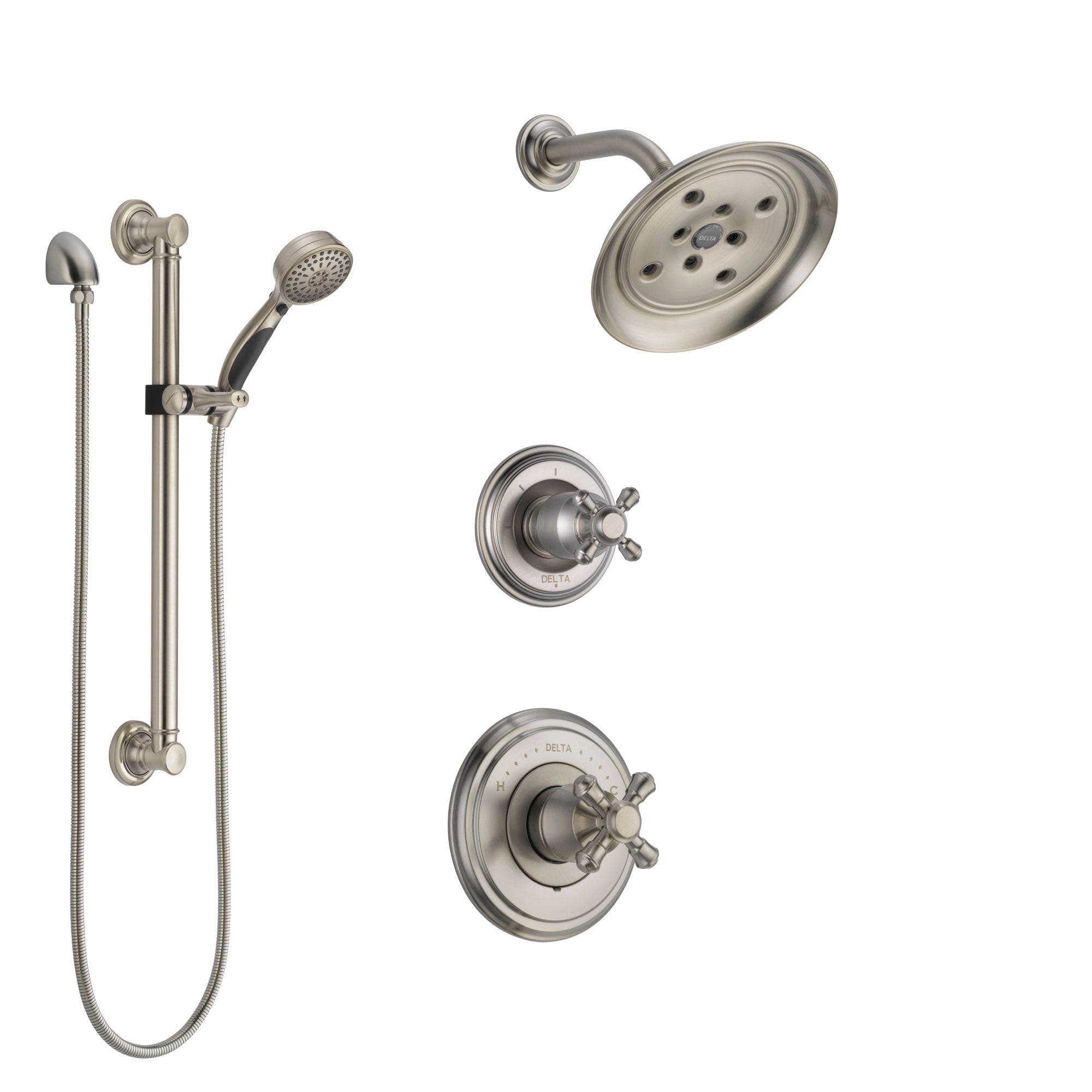 Delta Cassidy Stainless Steel Finish Shower System with Control Handle, 3-Setting Diverter, Showerhead, and Hand Shower with Grab Bar SS142972SS3