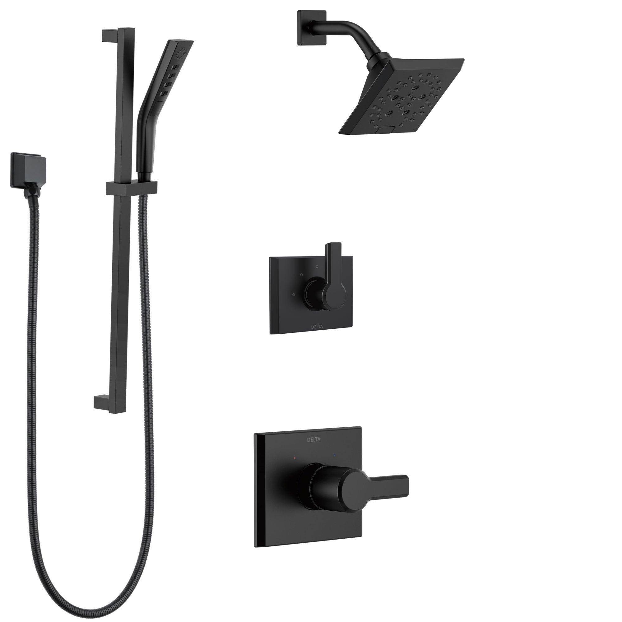 Delta Pivotal Matte Black Finish Modern Shower System with Diverter, Wall Mounted Hand Shower with Slide Bar, and Multi-Setting Showerhead SS142993BL3