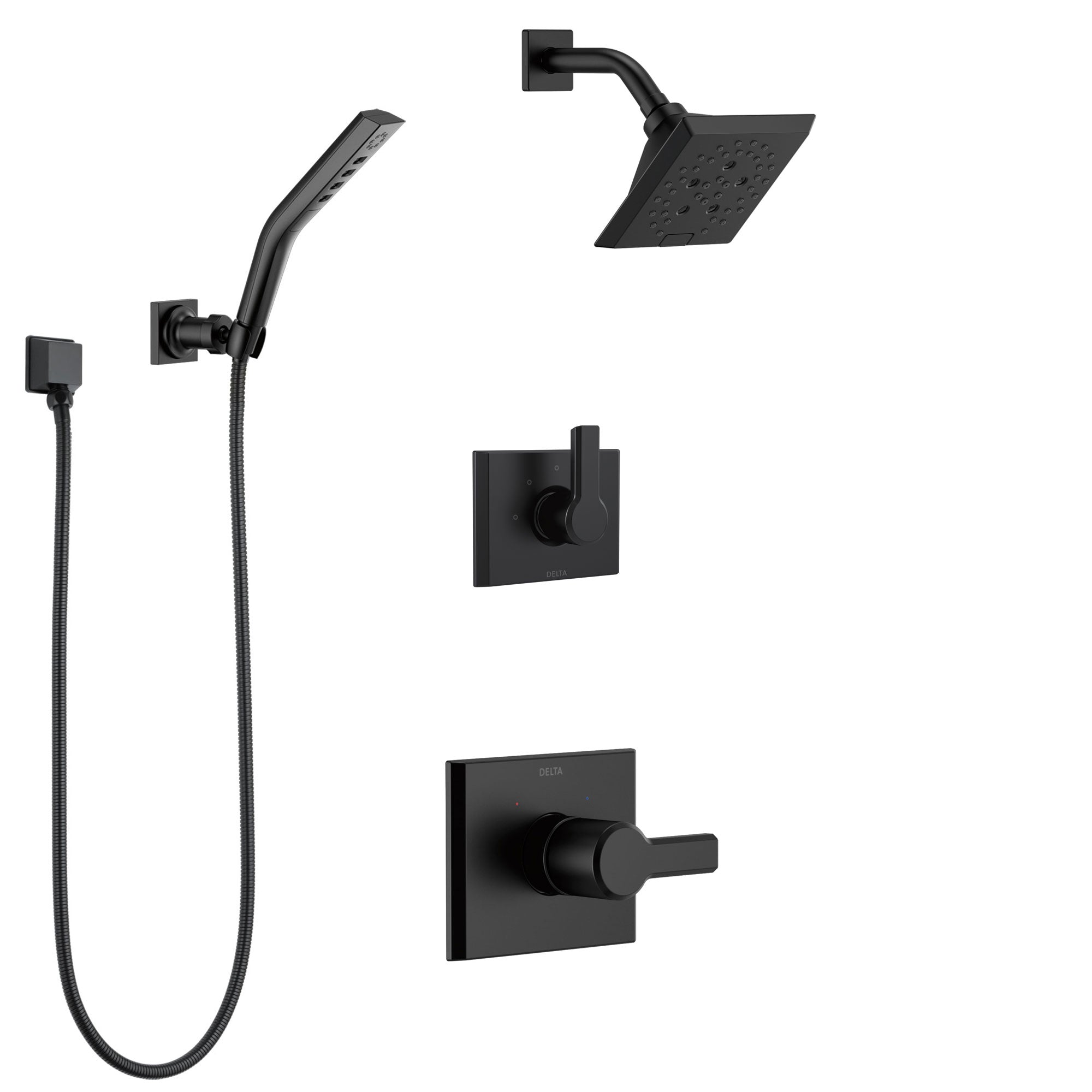 Delta Pivotal Matte Black Finish Modern Shower System with Diverter, Wall Mounted Hand Shower, and Multi-Setting Showerhead SS142993BL4