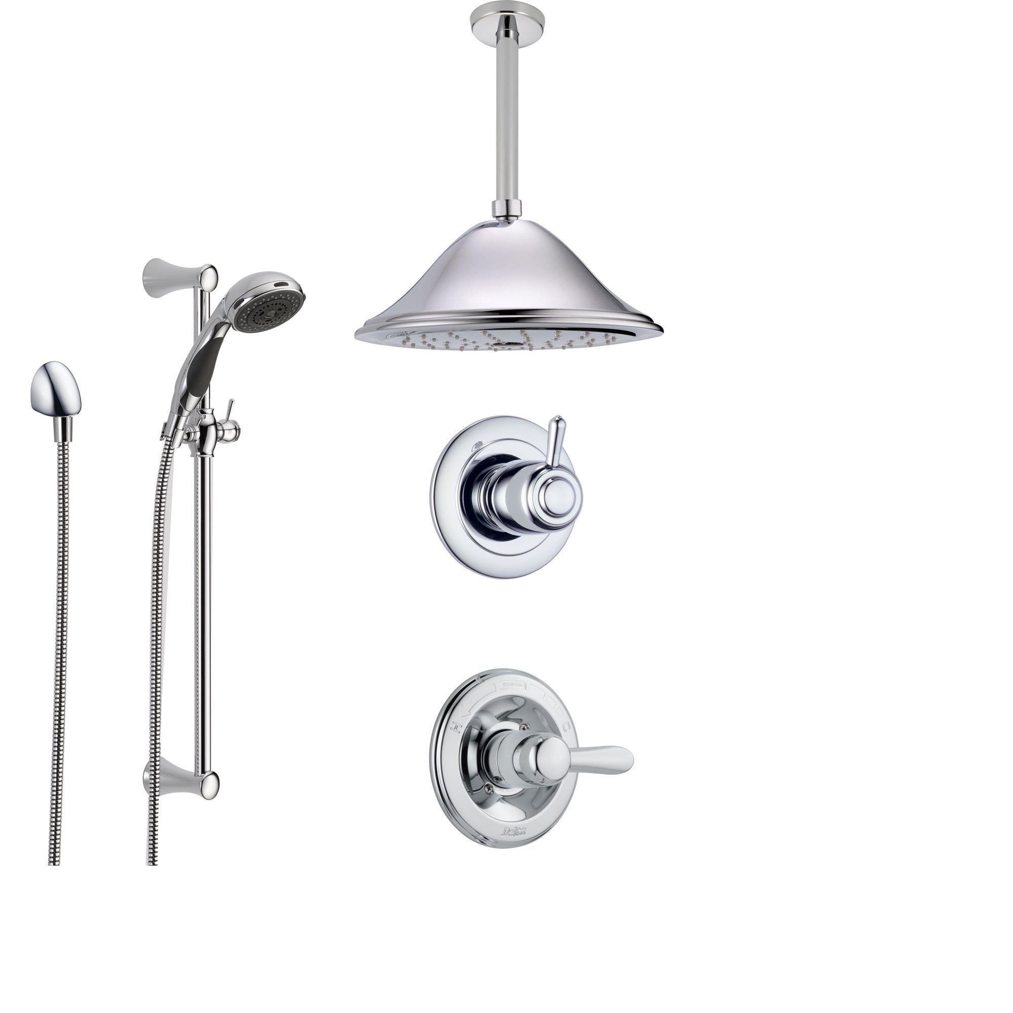 Delta Lahara Chrome Shower System with Normal Shower Handle, 3-setting Diverter, Large Ceiling Mount Rain Showerhead, and Handheld Shower SS143882