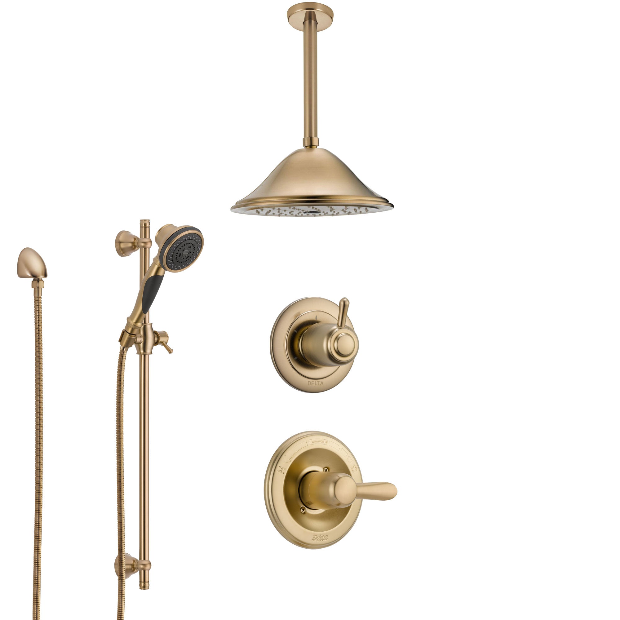 Delta Lahara Champagne Bronze Shower System with Control Handle, 3-Setting Diverter, Ceiling Mount Showerhead, and Hand Shower with Slidebar SS1438CZ3