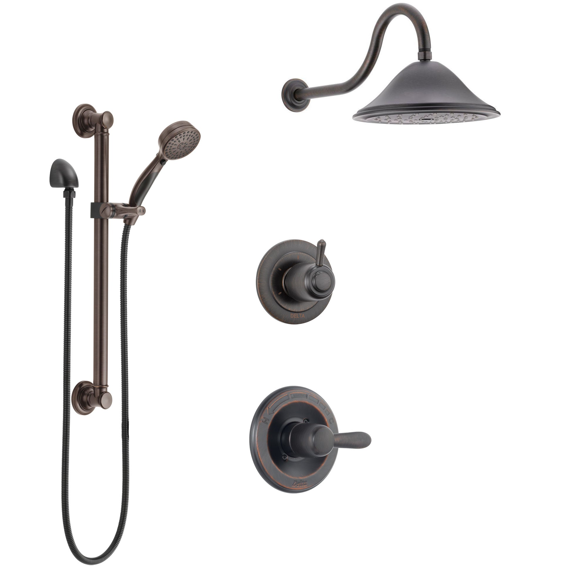 Delta Lahara Venetian Bronze Finish Shower System with Control Handle, 3-Setting Diverter, Showerhead, and Hand Shower with Grab Bar SS1438RB6
