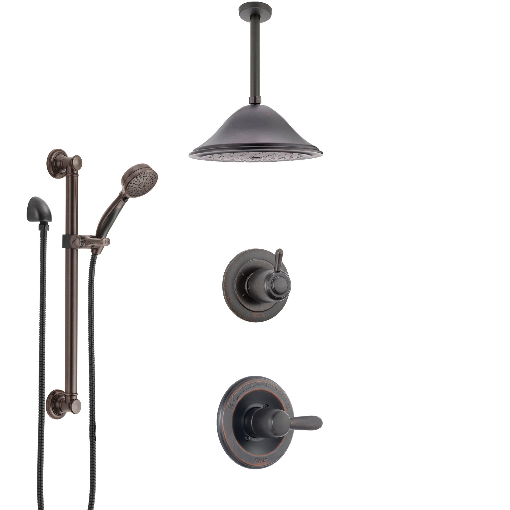 Delta Lahara Venetian Bronze Shower System with Control Handle, 3-Setting Diverter, Ceiling Mount Showerhead, and Hand Shower with Grab Bar SS1438RB8