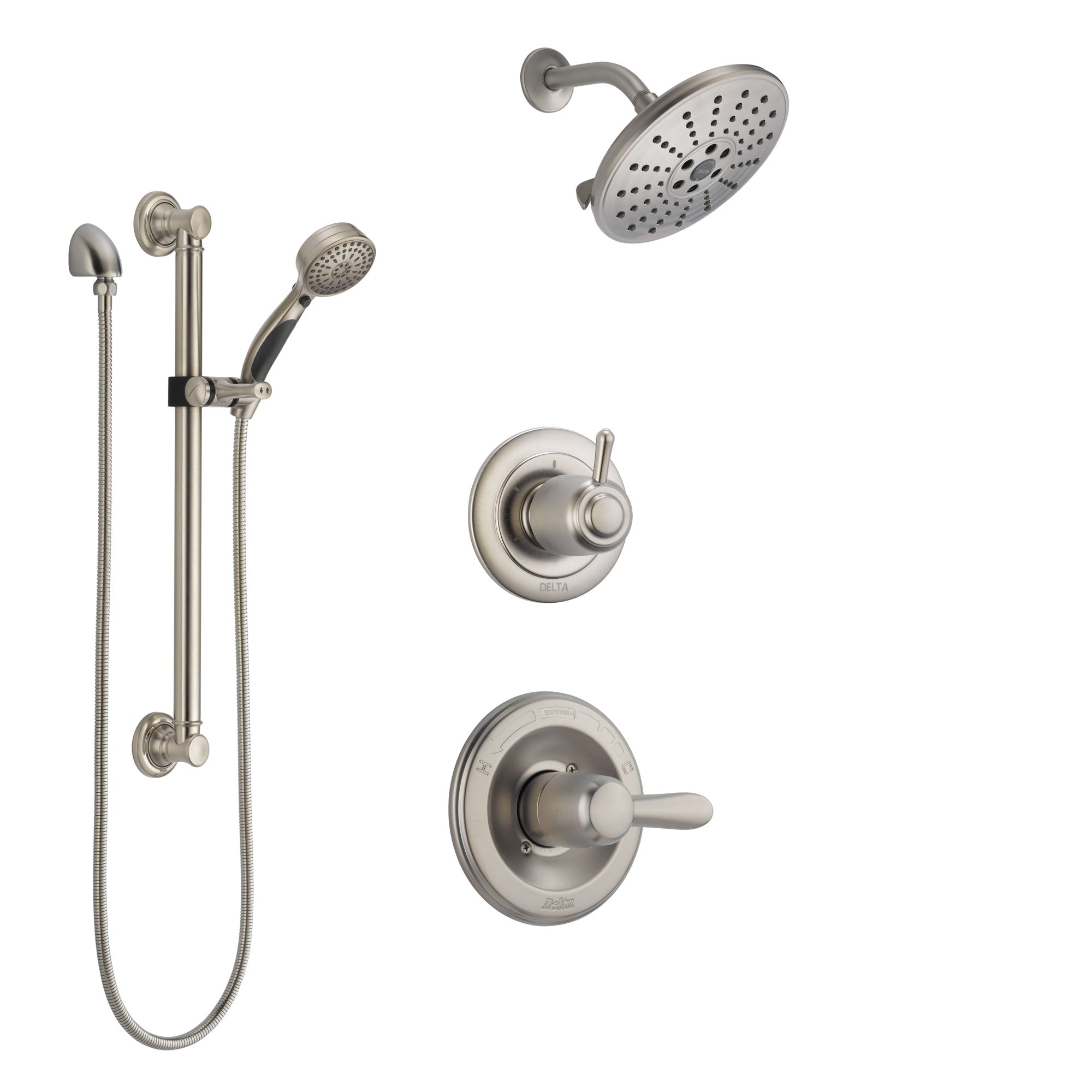 Delta Lahara Stainless Steel Finish Shower System with Control Handle, 3-Setting Diverter, Showerhead, and Hand Shower with Grab Bar SS1438SS2