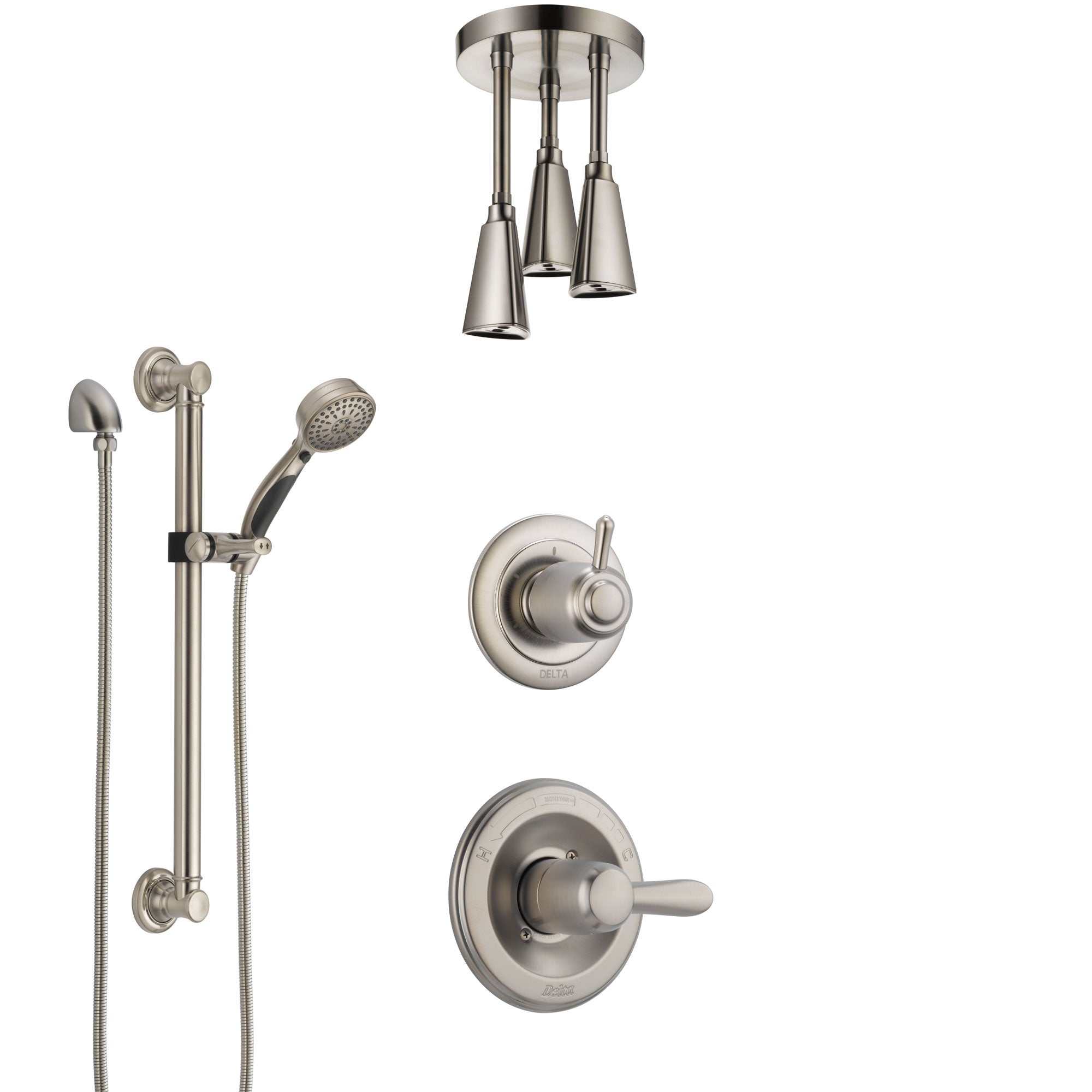Delta Lahara Stainless Steel Finish Shower System with Control Handle, Diverter, Ceiling Mount Showerhead, and Hand Shower with Grab Bar SS1438SS7