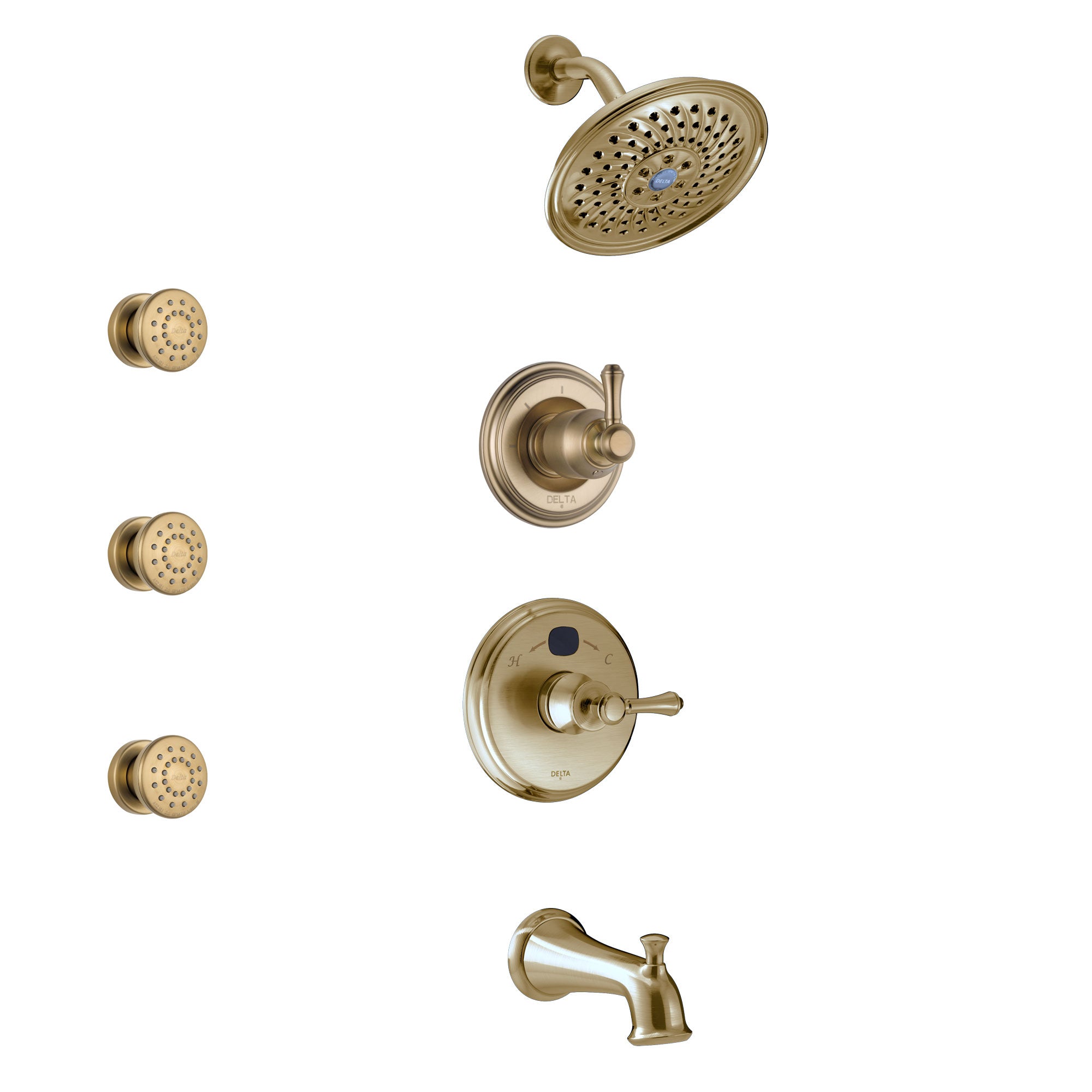 Delta Cassidy Champagne Bronze Finish Tub and Shower System with Temp2O Control Handle, 3-Setting Diverter, Showerhead, and 3 Body Sprays SS14400CZ1