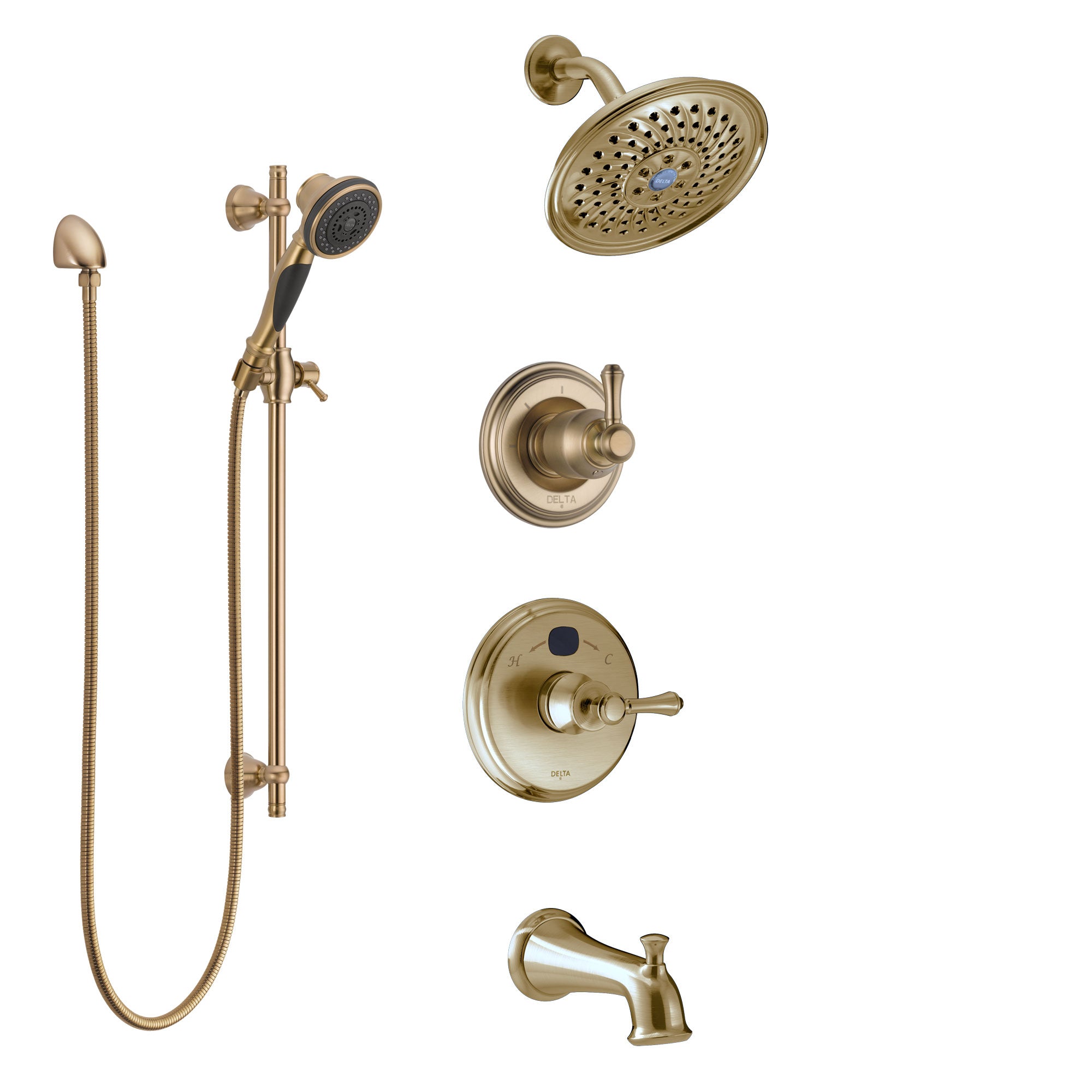 Delta Cassidy Champagne Bronze Tub and Shower System with Temp2O Control, 3-Setting Diverter, Showerhead, and Hand Shower with Slidebar SS14400CZ3