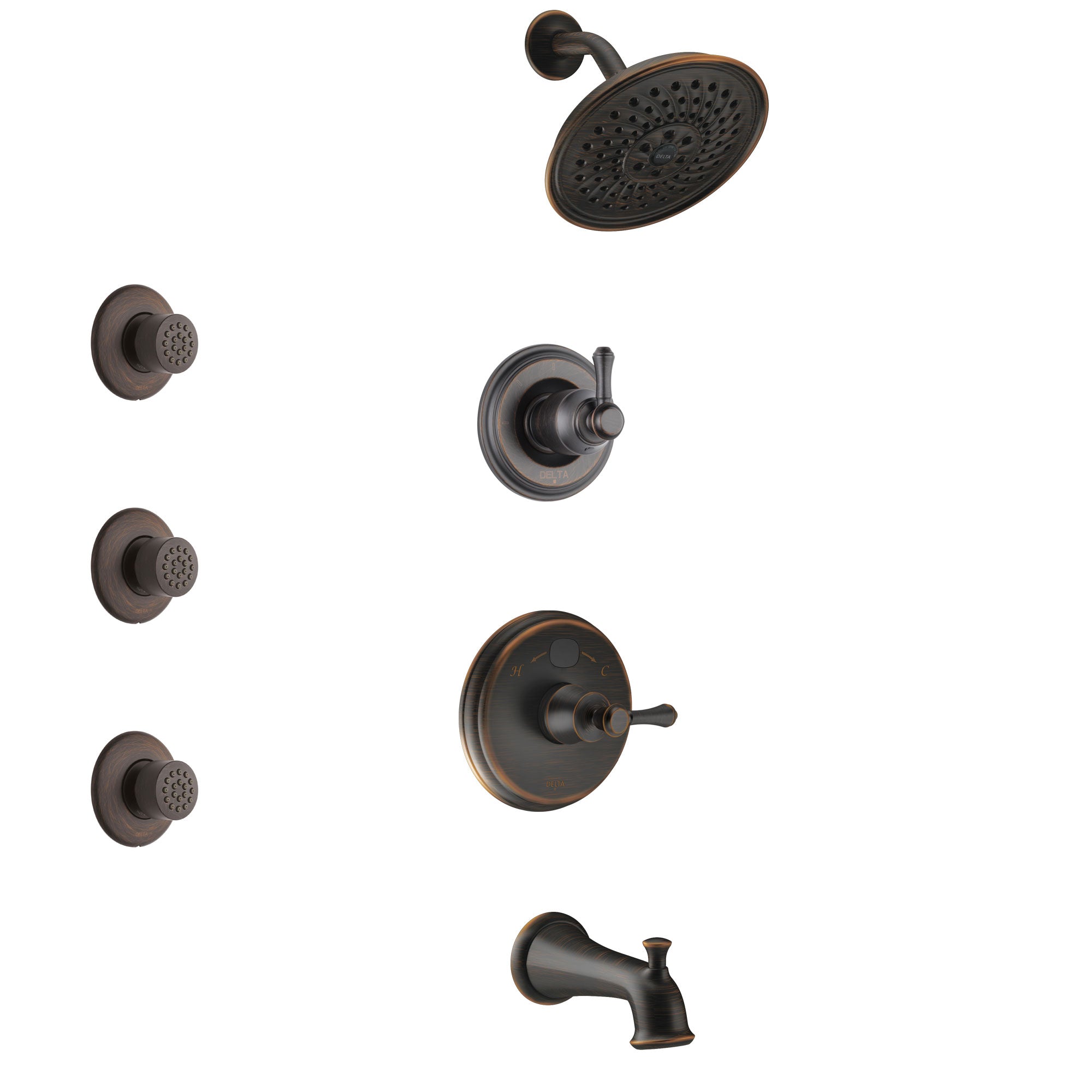 Delta Cassidy Venetian Bronze Finish Tub and Shower System with Temp2O Control Handle, 3-Setting Diverter, Showerhead, and 3 Body Sprays SS14400RB1