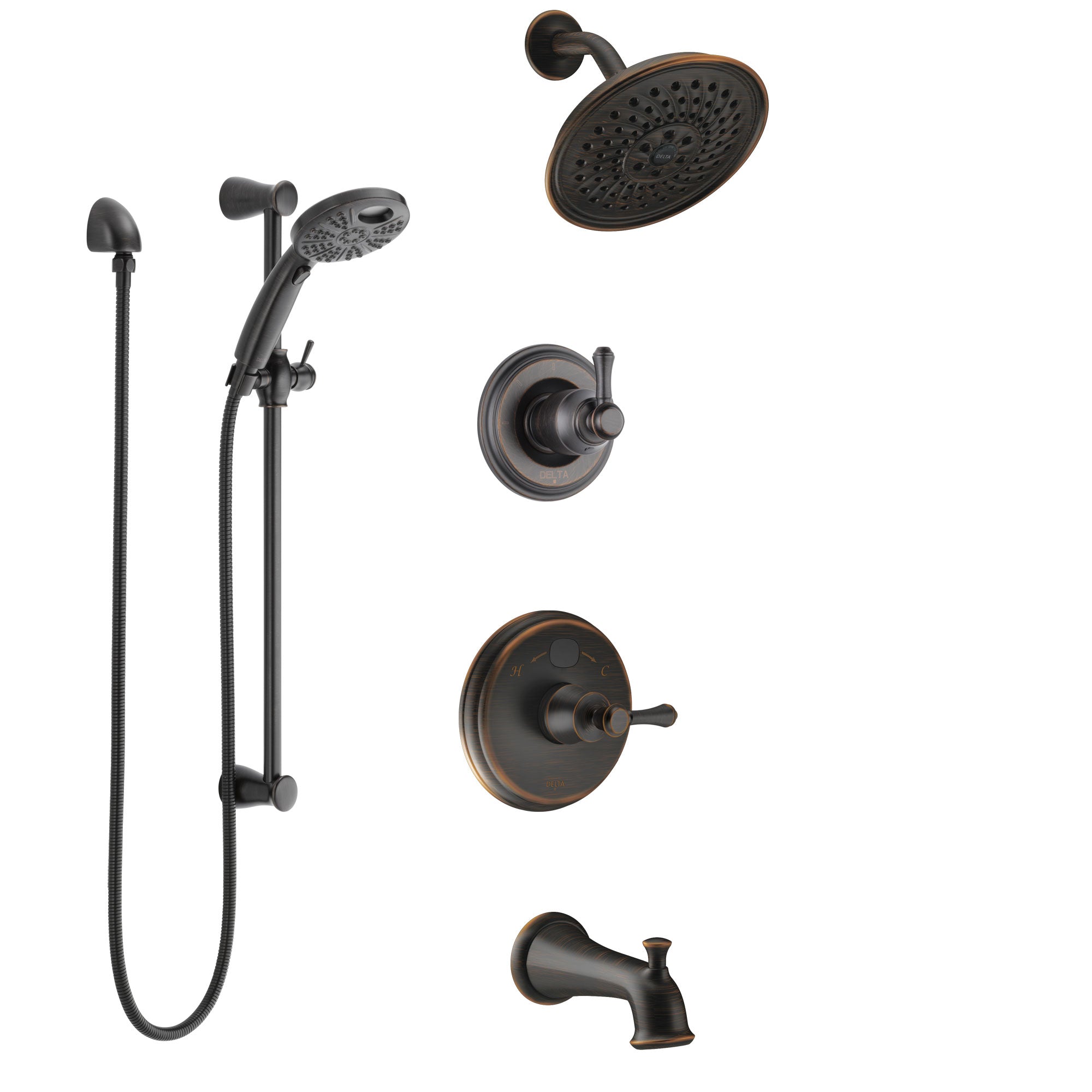 Delta Cassidy Venetian Bronze Tub and Shower System with Temp2O Control, 3-Setting Diverter, Showerhead, and Hand Shower with Slidebar SS14400RB4