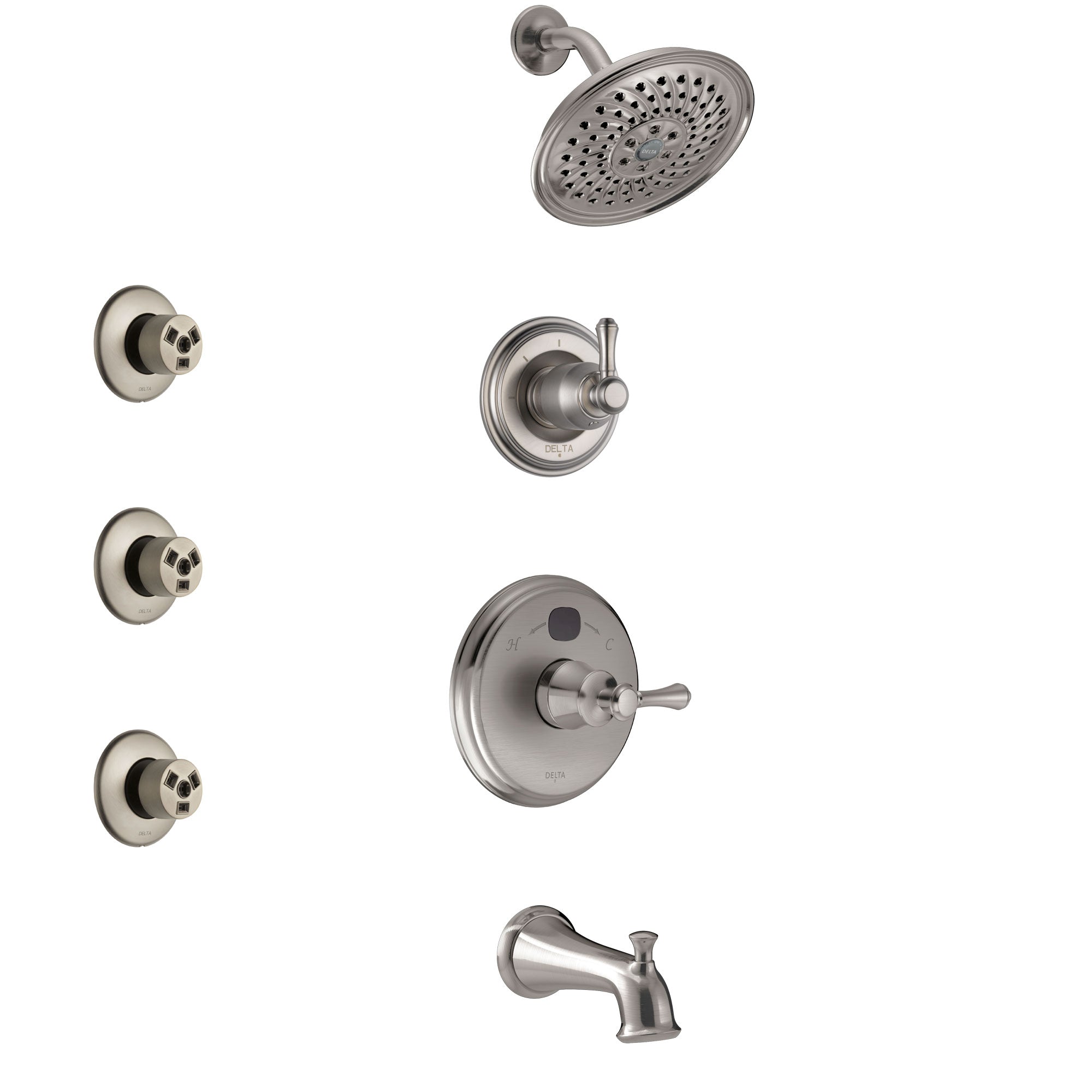 Delta Cassidy Stainless Steel Finish Tub and Shower System with Temp2O Control Handle, 3-Setting Diverter, Showerhead, and 3 Body Sprays SS14400SS1