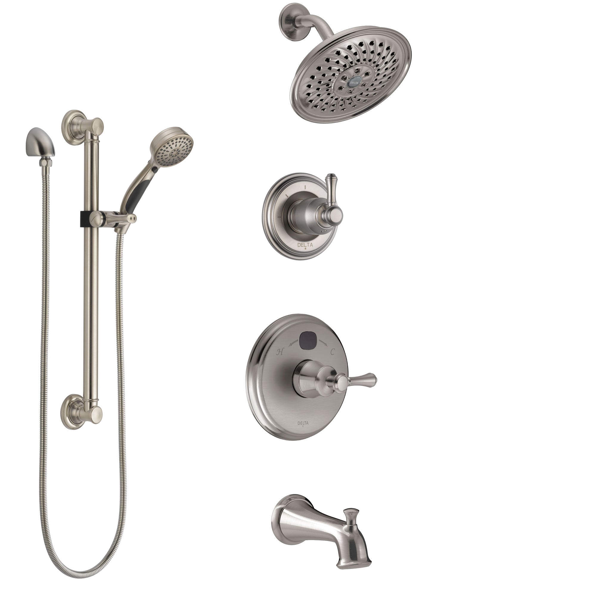 Delta Cassidy Stainless Steel Finish Tub and Shower System with Temp2O Control Handle, Diverter, Showerhead, and Hand Shower with Grab Bar SS14400SS3