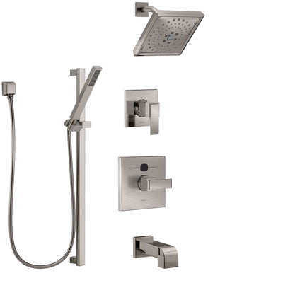 Delta Ara Stainless Steel Finish Tub and Shower System with Temp2O Control, 3-Setting Diverter, Showerhead, and Hand Shower with Slidebar SS14401SS4