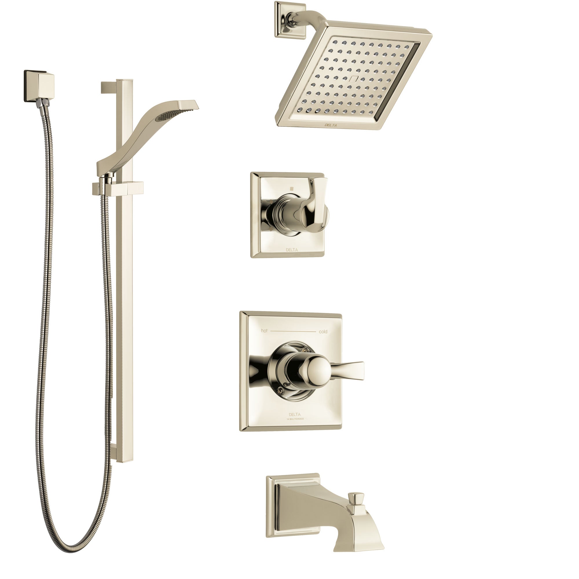 Delta Dryden Polished Nickel Tub and Shower System with Control Handle, 3-Setting Diverter, Showerhead, and Hand Shower with Slidebar SS144511PN2