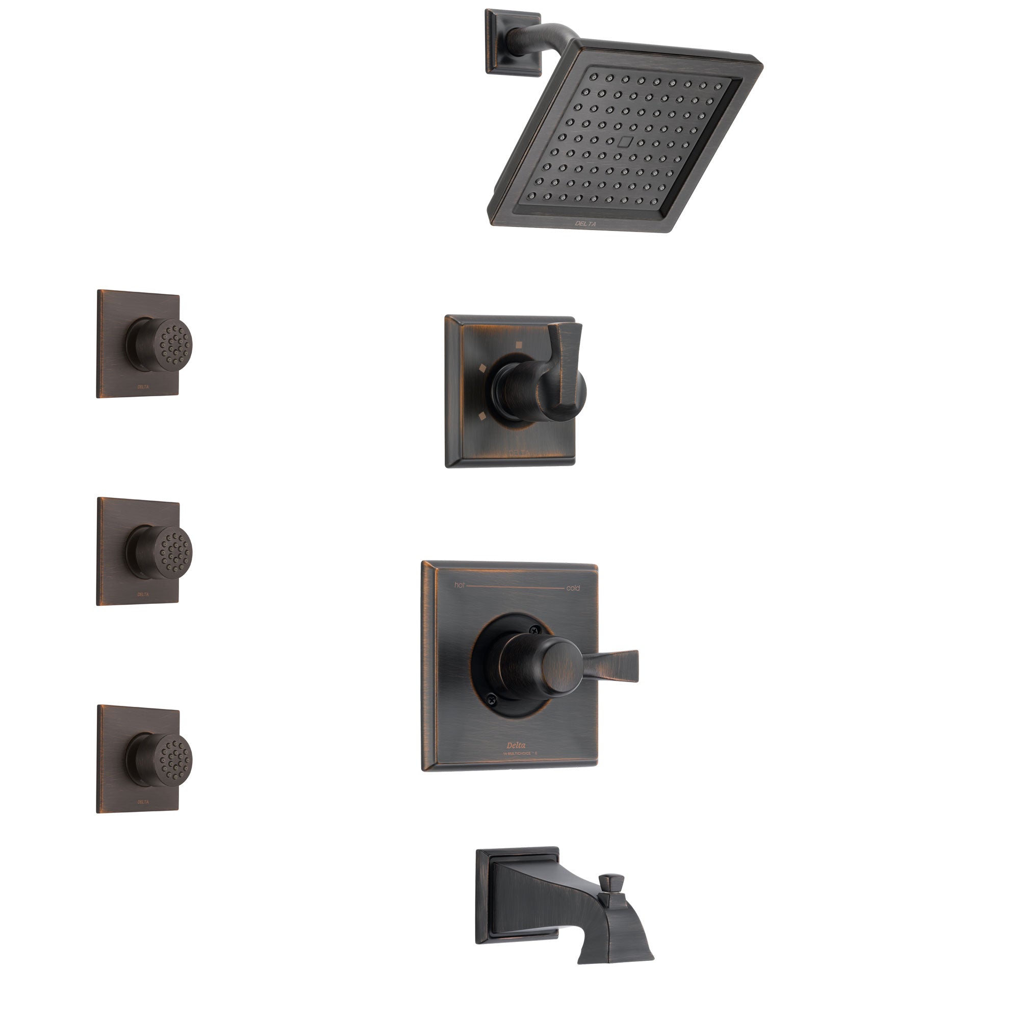 Delta Dryden Venetian Bronze Finish Tub and Shower System with Control Handle, 3-Setting Diverter, Showerhead, and 3 Body Sprays SS144511RB2