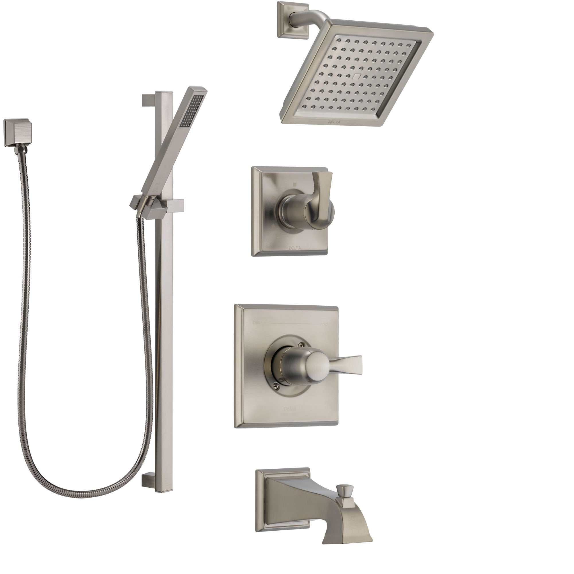 Delta Dryden Stainless Steel Finish Tub and Shower System with Control Handle, Diverter, Showerhead, and Hand Shower with Slidebar SS144511SS4