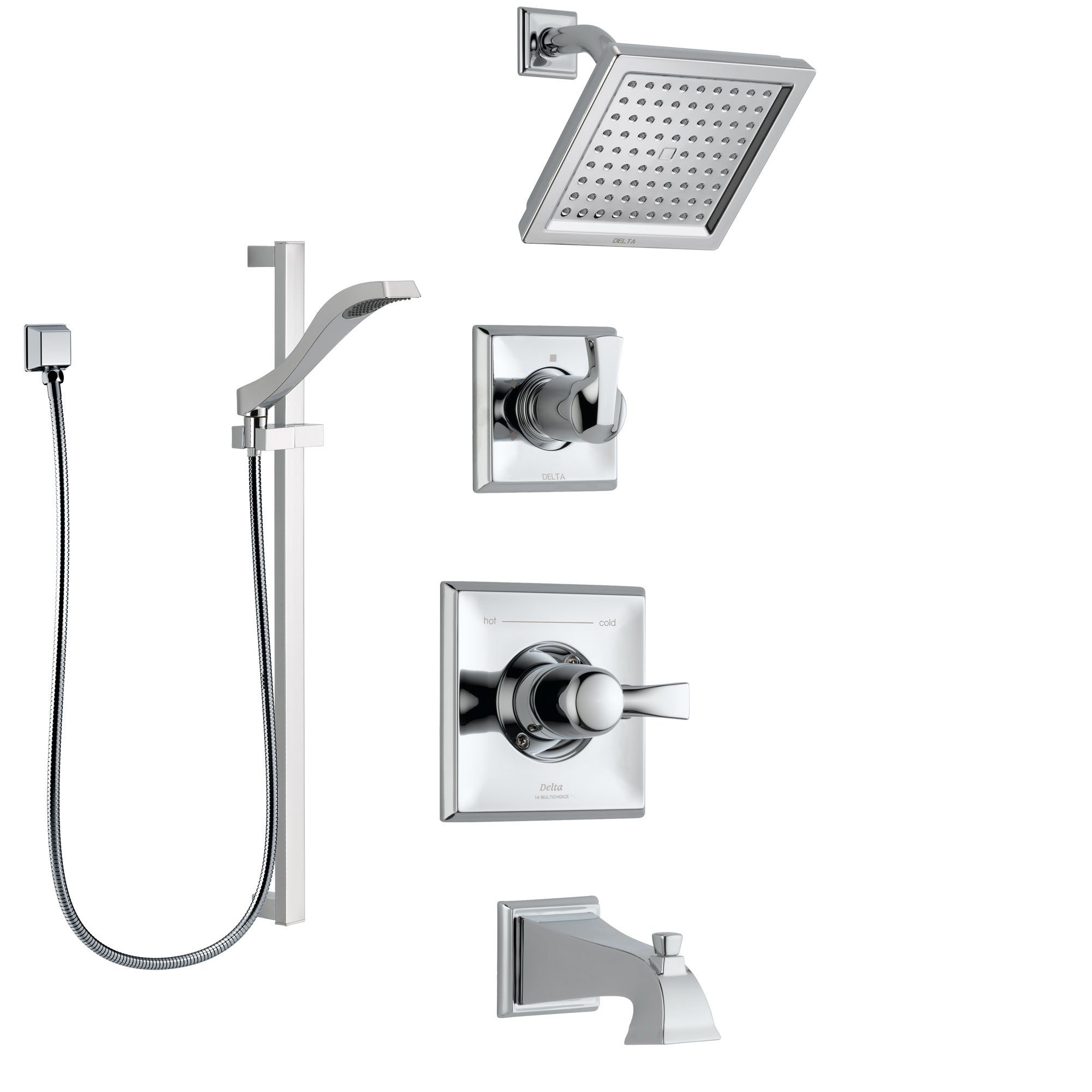 Delta Dryden Chrome Finish Tub and Shower System with Control Handle, 3-Setting Diverter, Showerhead, and Hand Shower with Slidebar SS1445126