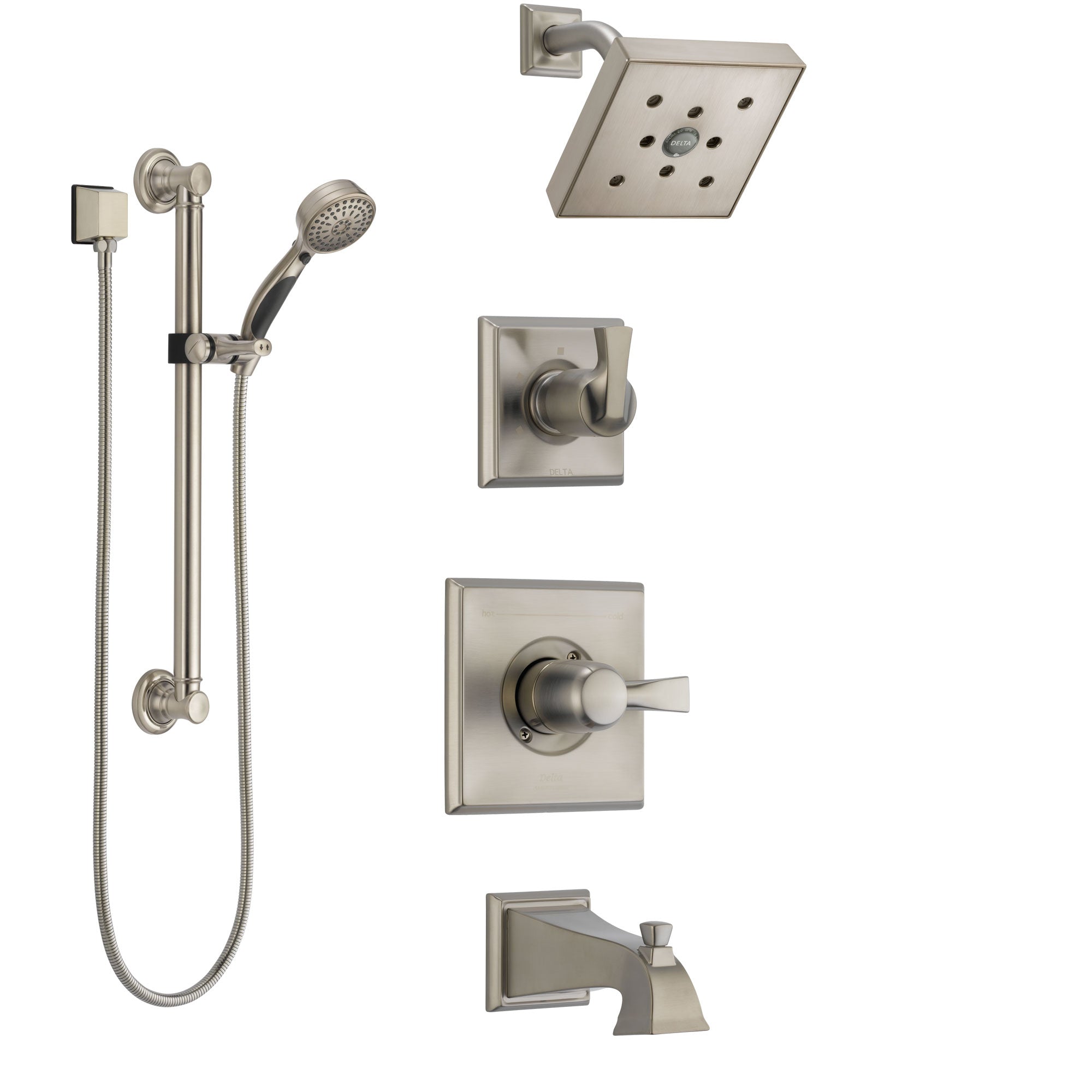 Delta Dryden Stainless Steel Finish Tub and Shower System with Control Handle, Diverter, Showerhead, and Hand Shower with Grab Bar SS144512SS3