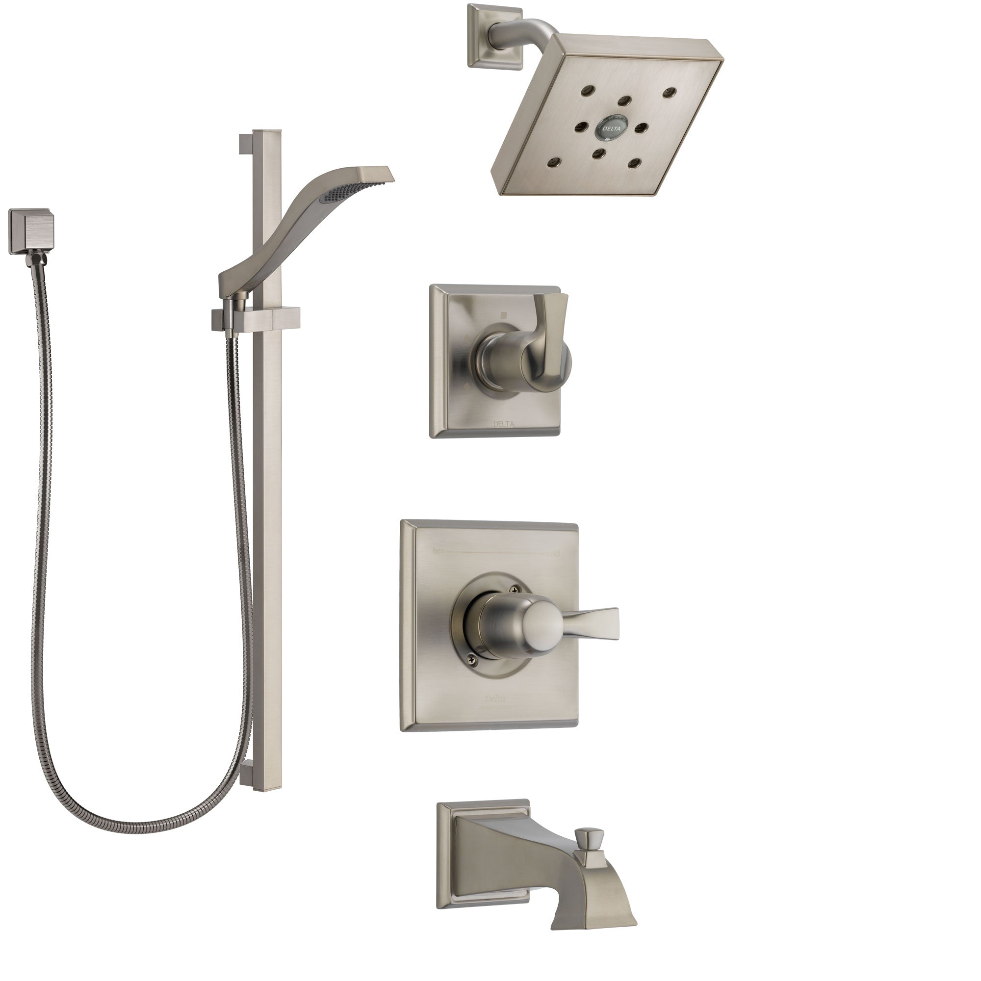 Delta Dryden Stainless Steel Finish Tub and Shower System with Control Handle, Diverter, Showerhead, and Hand Shower with Slidebar SS144512SS5
