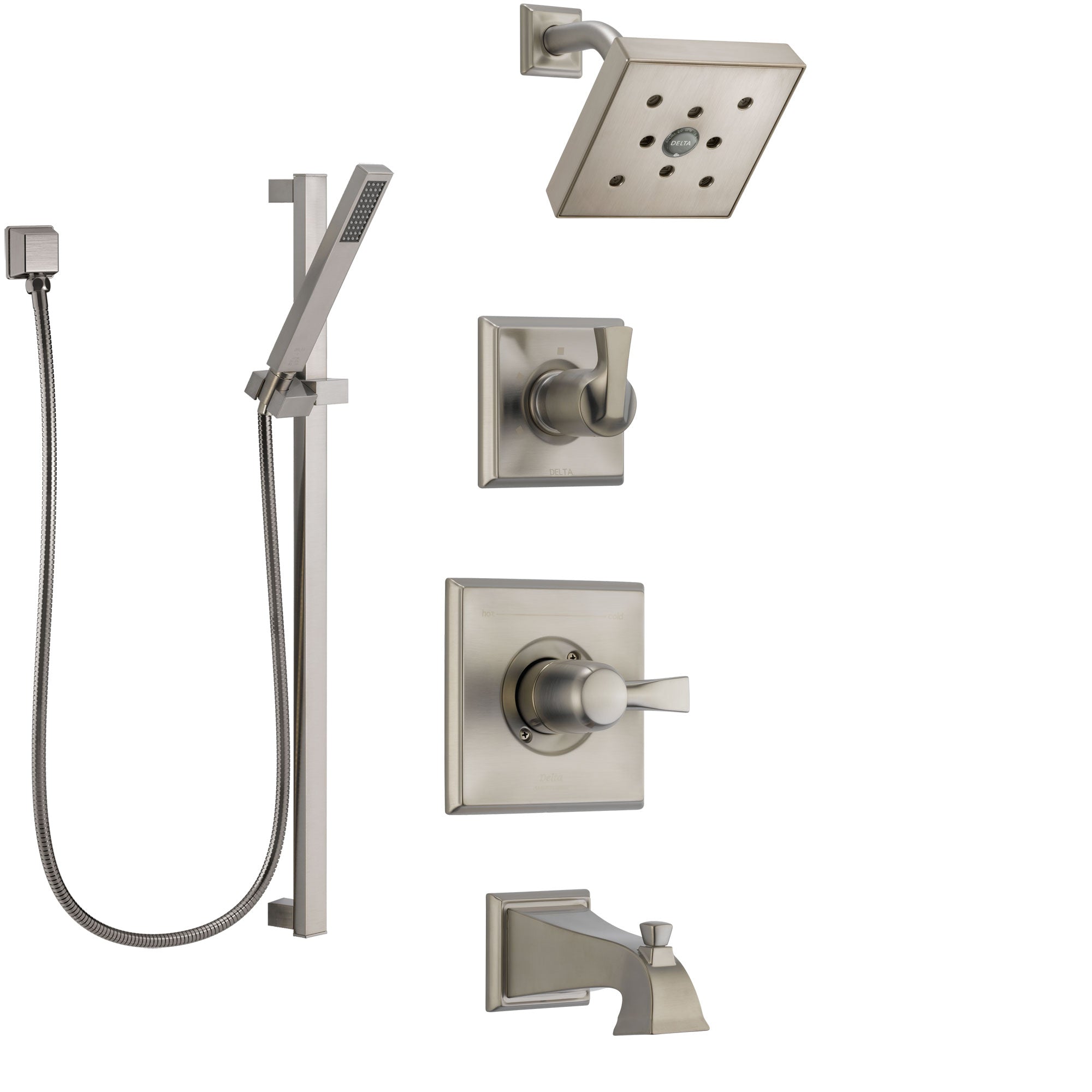 Delta Dryden Stainless Steel Finish Tub and Shower System with Control Handle, Diverter, Showerhead, and Hand Shower with Slidebar SS144512SS6
