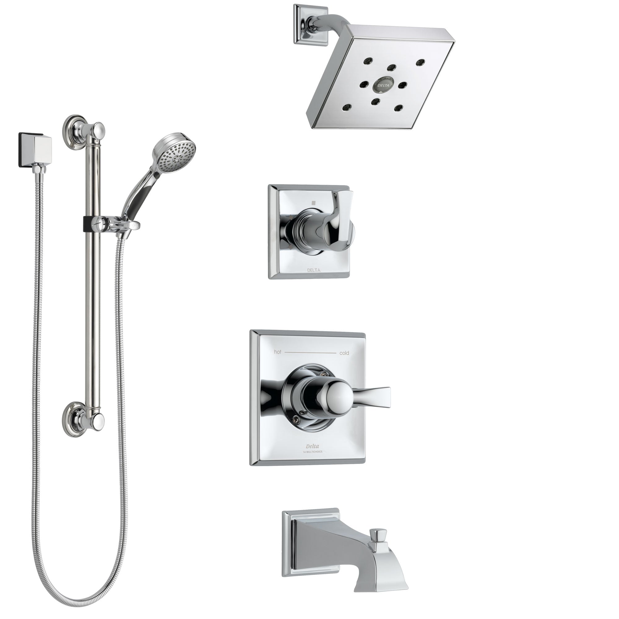 Delta Dryden Chrome Finish Tub and Shower System with Control Handle, 3-Setting Diverter, Showerhead, and Hand Shower with Grab Bar SS1445133