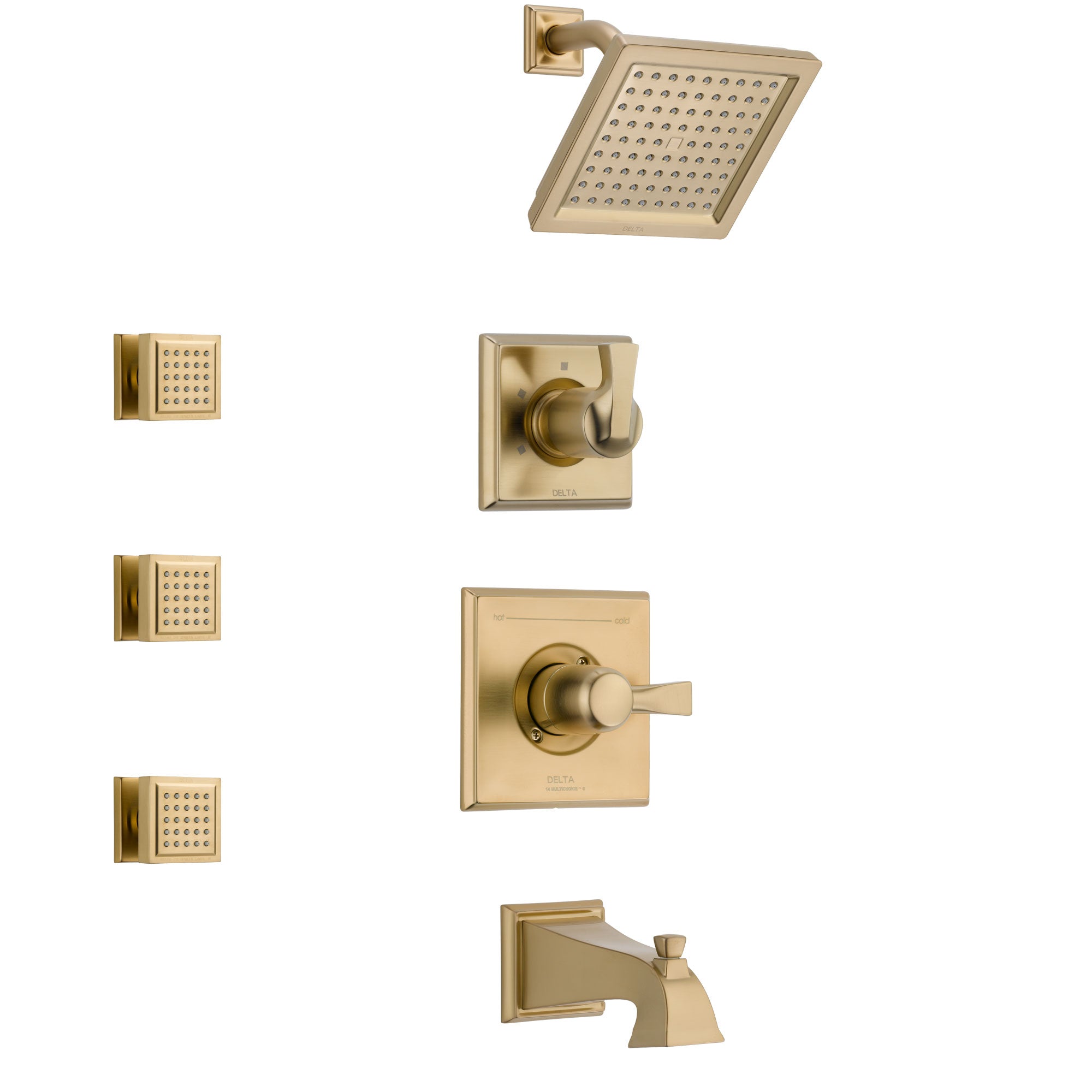 Delta Dryden Champagne Bronze Finish Tub and Shower System with Control Handle, 3-Setting Diverter, Showerhead, and 3 Body Sprays SS14451CZ1