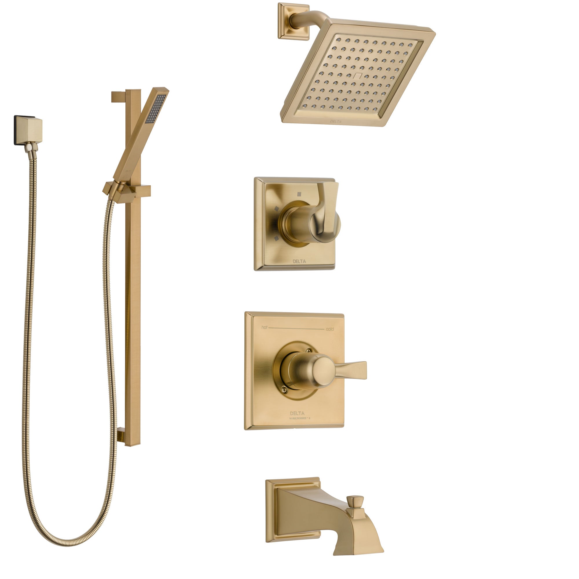 Delta Dryden Champagne Bronze Tub and Shower System with Control Handle, 3-Setting Diverter, Showerhead, and Hand Shower with Slidebar SS14451CZ2