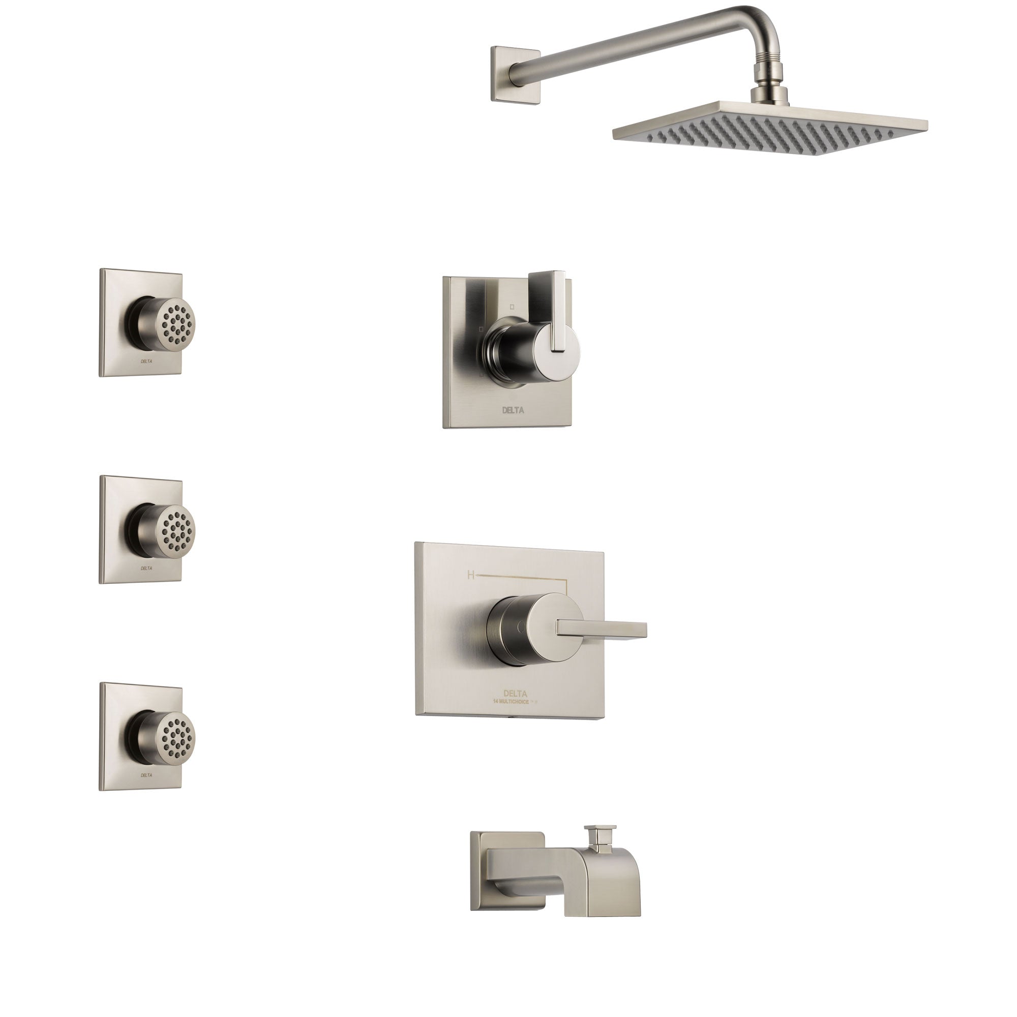 Delta Vero Stainless Steel Finish Tub and Shower System with Control Handle, 3-Setting Diverter, Showerhead, and 3 Body Sprays SS144531SS1