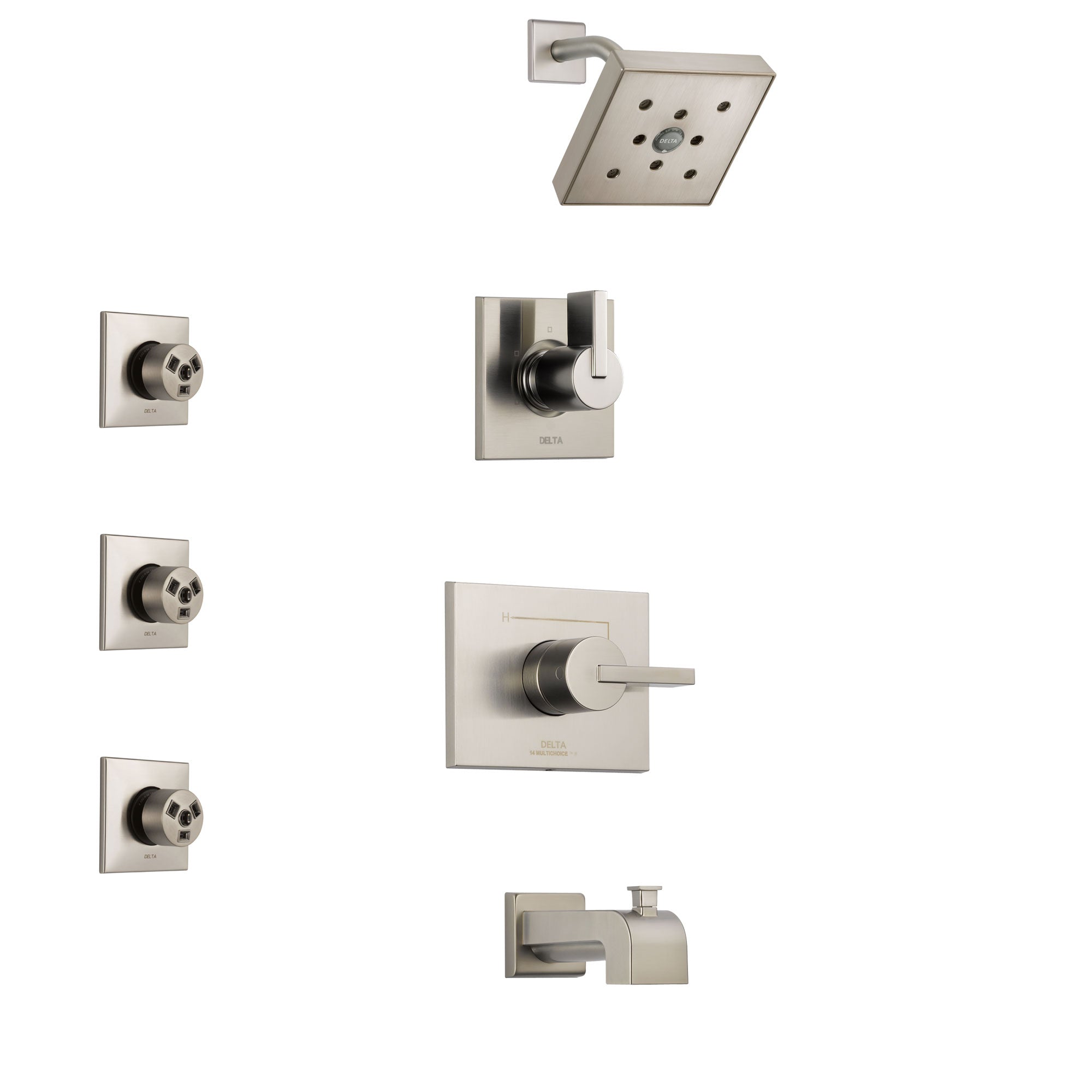 Delta Vero Stainless Steel Finish Tub and Shower System with Control Handle, 3-Setting Diverter, Showerhead, and 3 Body Sprays SS144532SS2