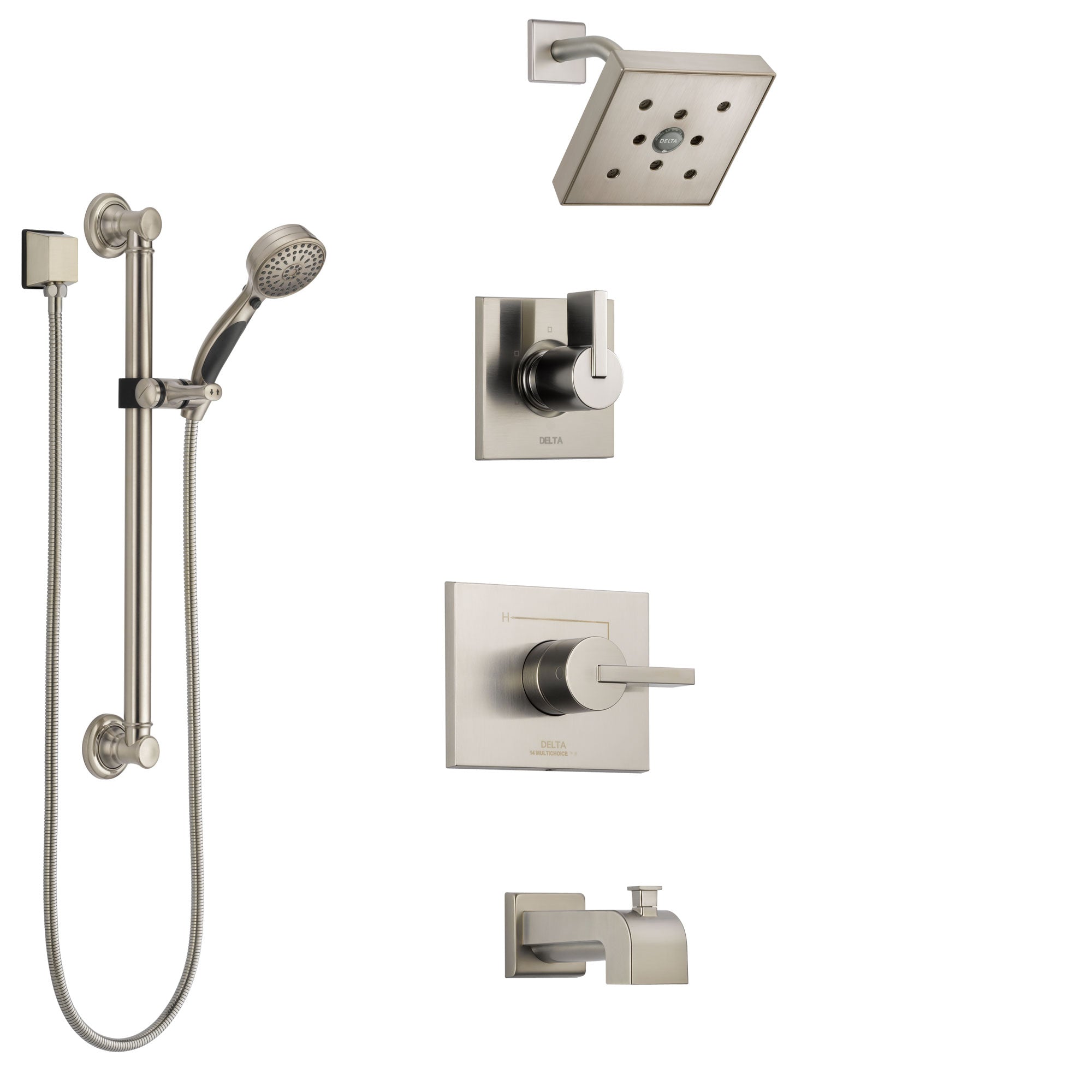 Delta Vero Stainless Steel Finish Tub and Shower System with Control Handle, 3-Setting Diverter, Showerhead, and Hand Shower with Grab Bar SS144532SS3