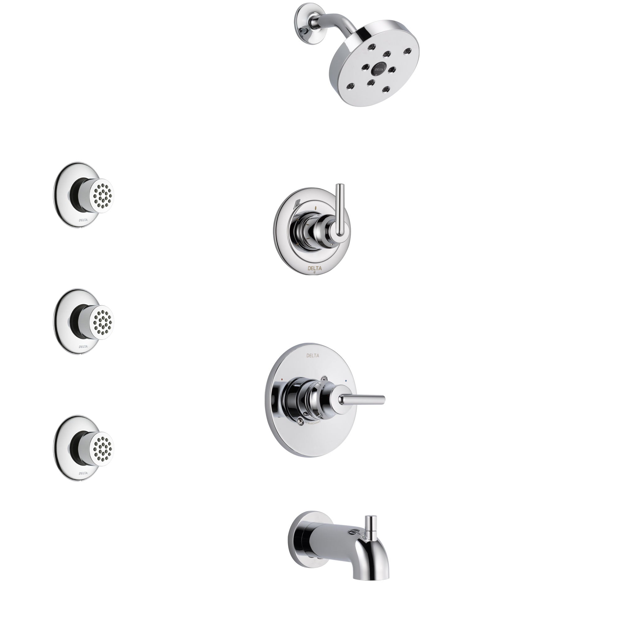 Delta Trinsic Chrome Finish Tub and Shower System with Control Handle, 3-Setting Diverter, Showerhead, and 3 Body Sprays SS144591