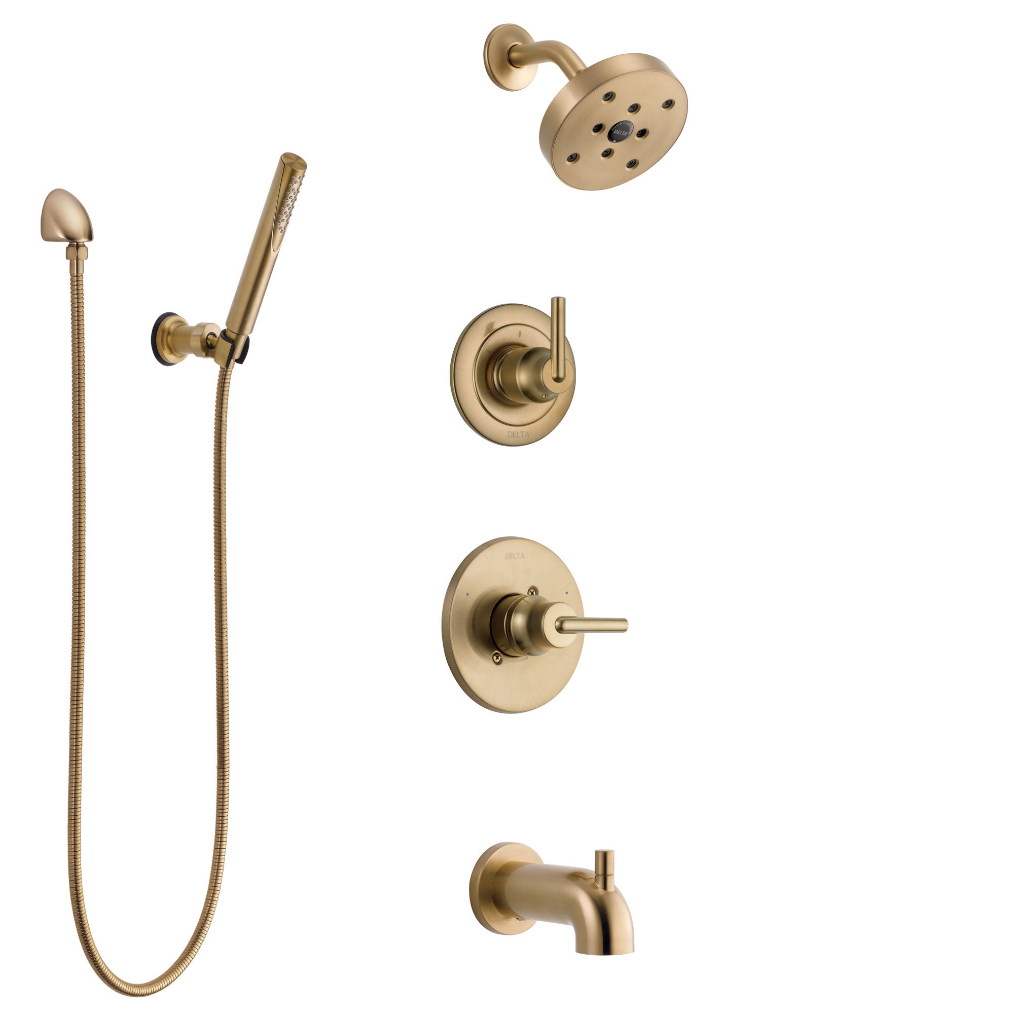 Delta Trinsic Champagne Bronze Tub and Shower System with Control Handle, 3-Setting Diverter, Showerhead, and Hand Shower with Wall Bracket SS14459CZ3