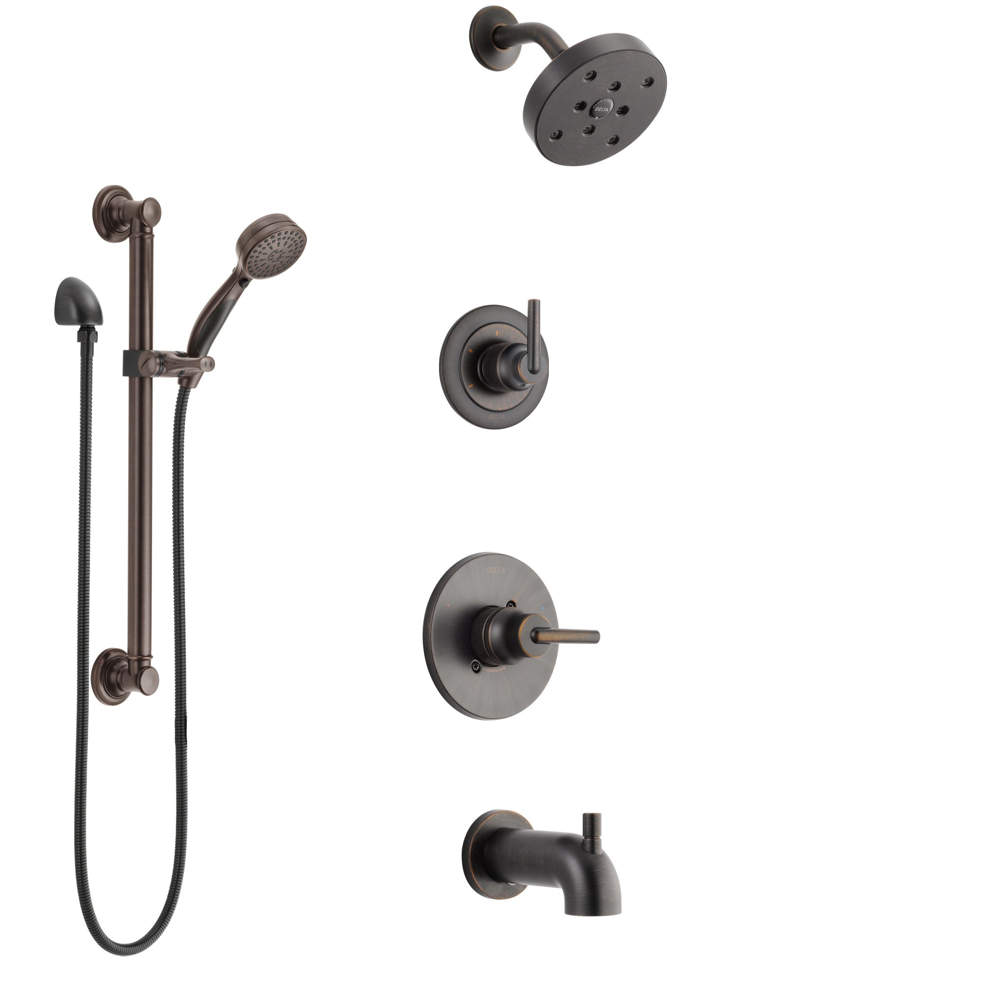 Delta Trinsic Venetian Bronze Tub and Shower System with Control Handle, 3-Setting Diverter, Showerhead, and Hand Shower with Grab Bar SS14459RB3