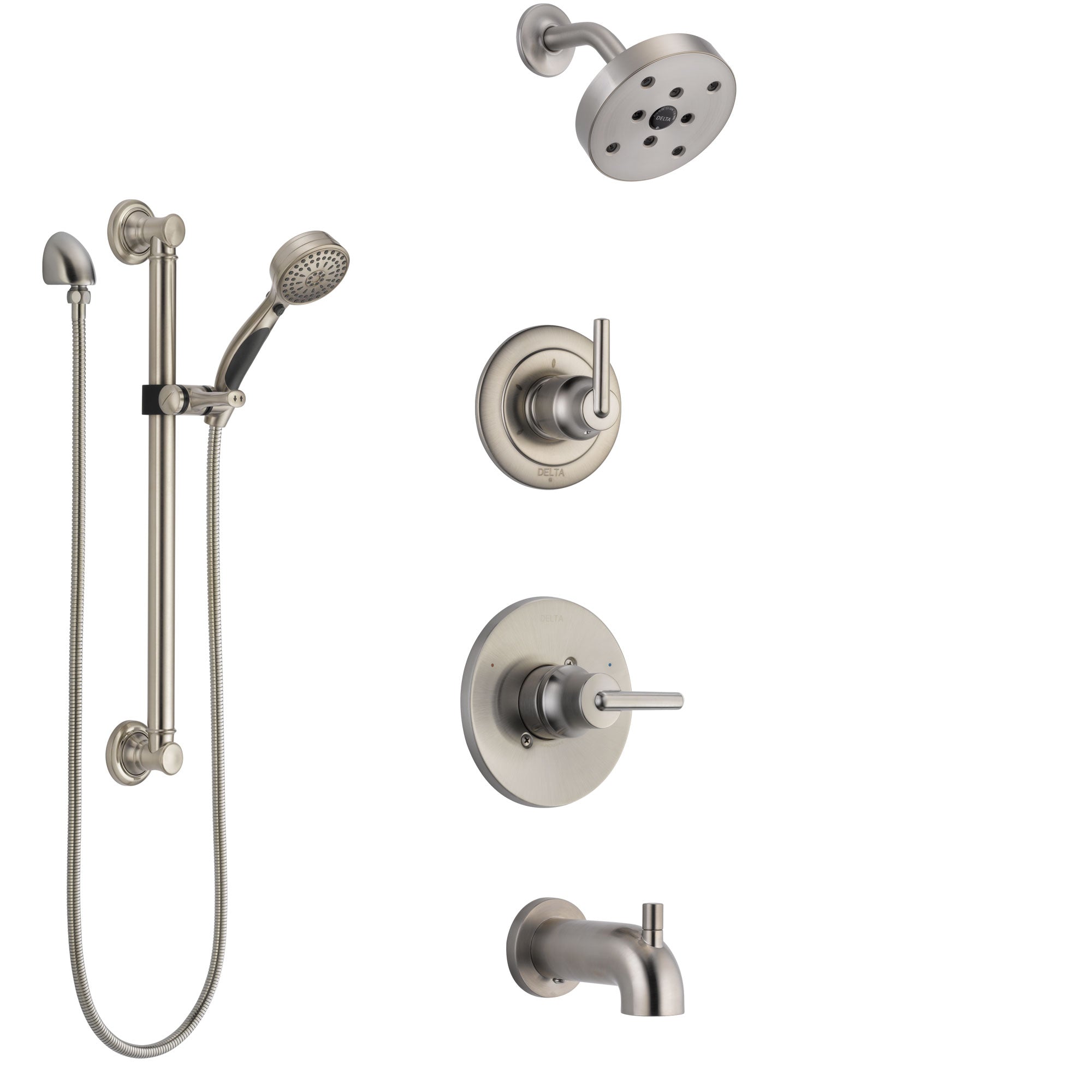 Delta Trinsic Stainless Steel Finish Tub and Shower System with Control Handle, Diverter, Showerhead, and Hand Shower with Grab Bar SS14459SS3