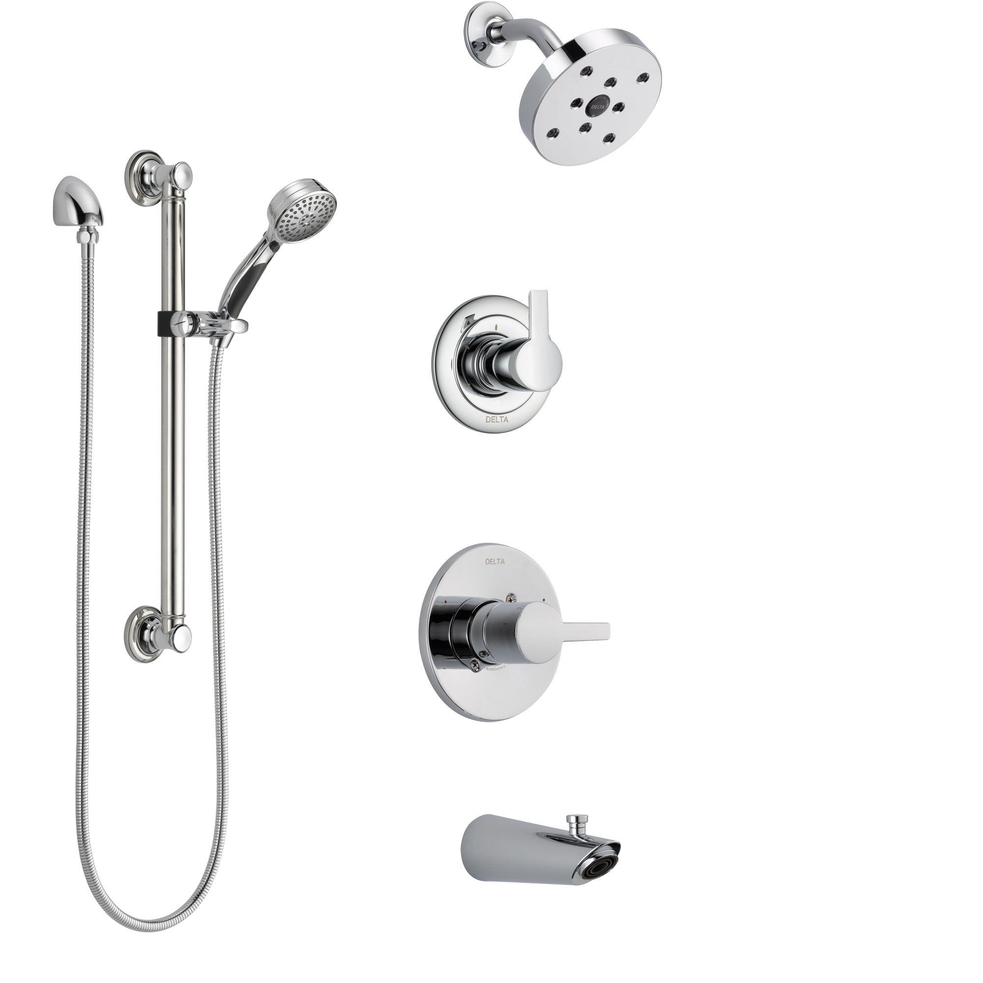 Delta Compel Chrome Finish Tub and Shower System with Control Handle, 3-Setting Diverter, Showerhead, and Hand Shower with Grab Bar SS144613