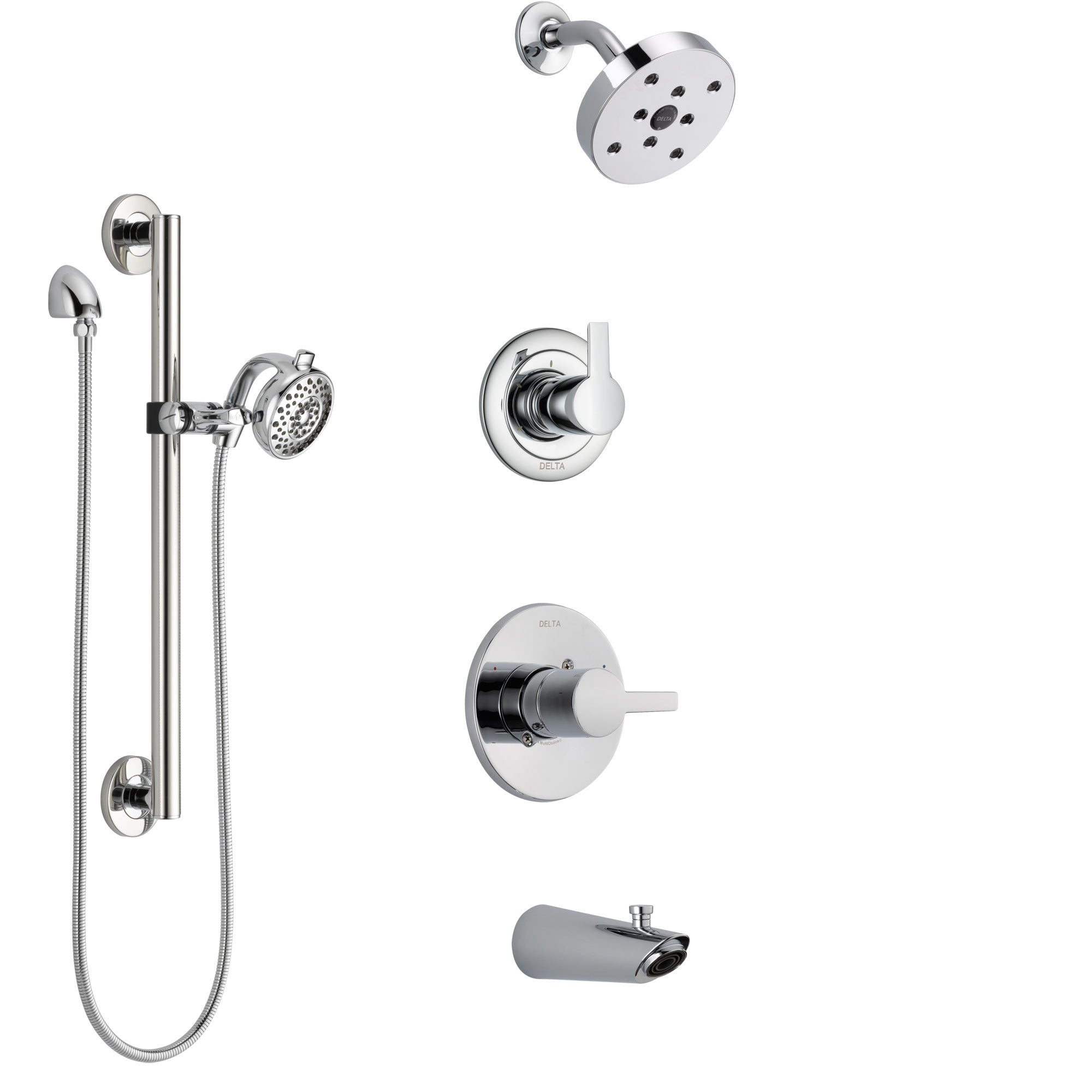 Delta Compel Chrome Finish Tub and Shower System with Control Handle, 3-Setting Diverter, Showerhead, and Hand Shower with Grab Bar SS144615