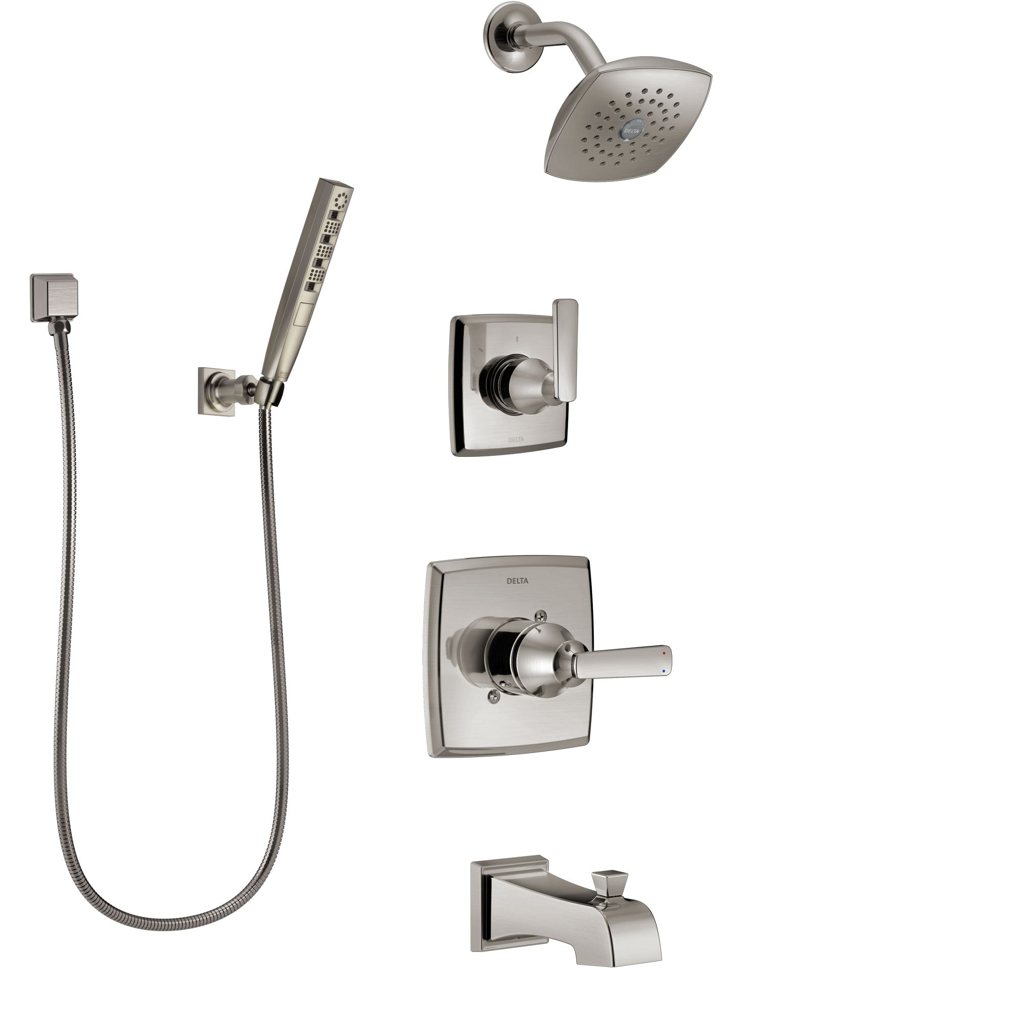 Delta Ashlyn Stainless Steel Finish Tub and Shower System with Control Handle, Diverter, Showerhead, and Hand Shower with Wall Bracket SS14464SS4