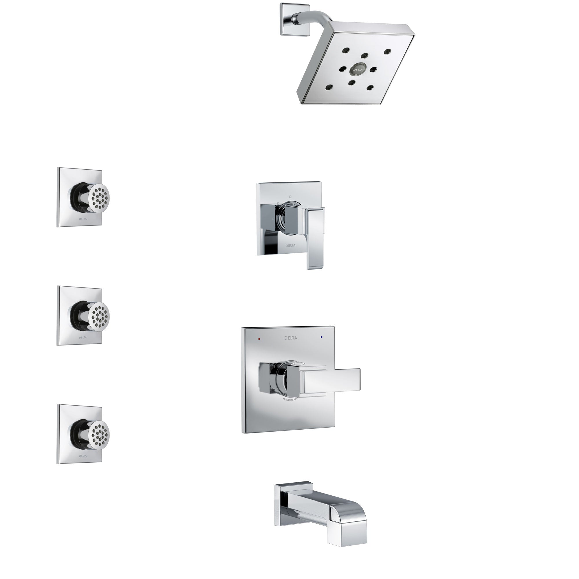 Delta Ara Chrome Finish Tub and Shower System with Control Handle, 3-Setting Diverter, Showerhead, and 3 Body Sprays SS144671