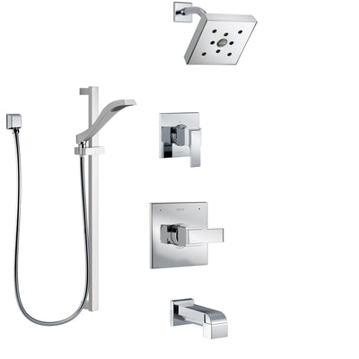 Delta Ara Chrome Finish Tub and Shower System with Control Handle, 3-Setting Diverter, Showerhead, and Hand Shower with Slidebar SS144675