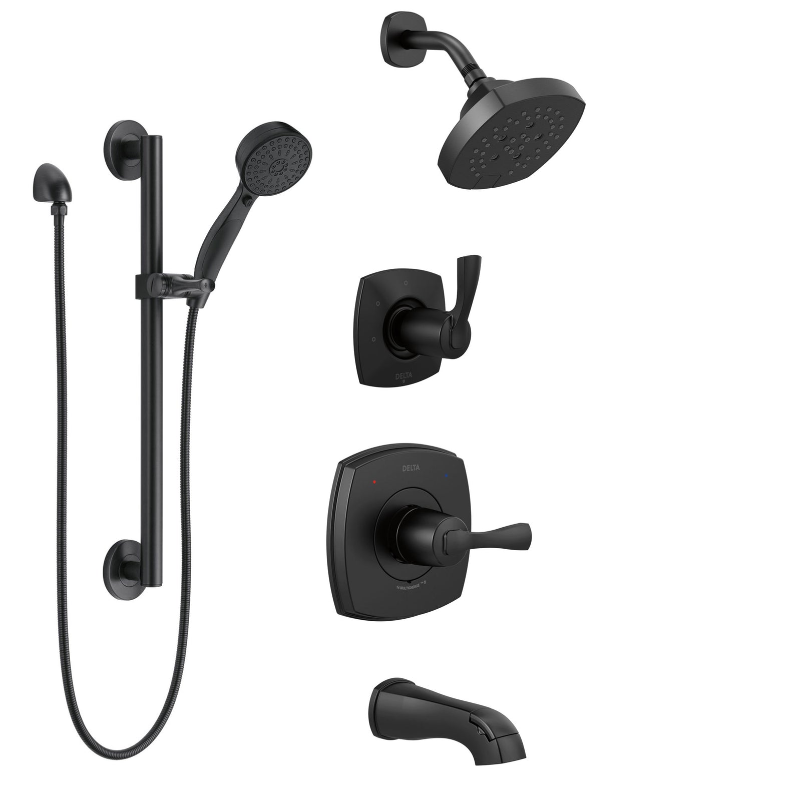 Delta Stryke Matte Black Finish Complete Tub Shower System with Diverter, Modern Showerhead, and Grab Bar Mount Hand Sprayer SS144763BL1