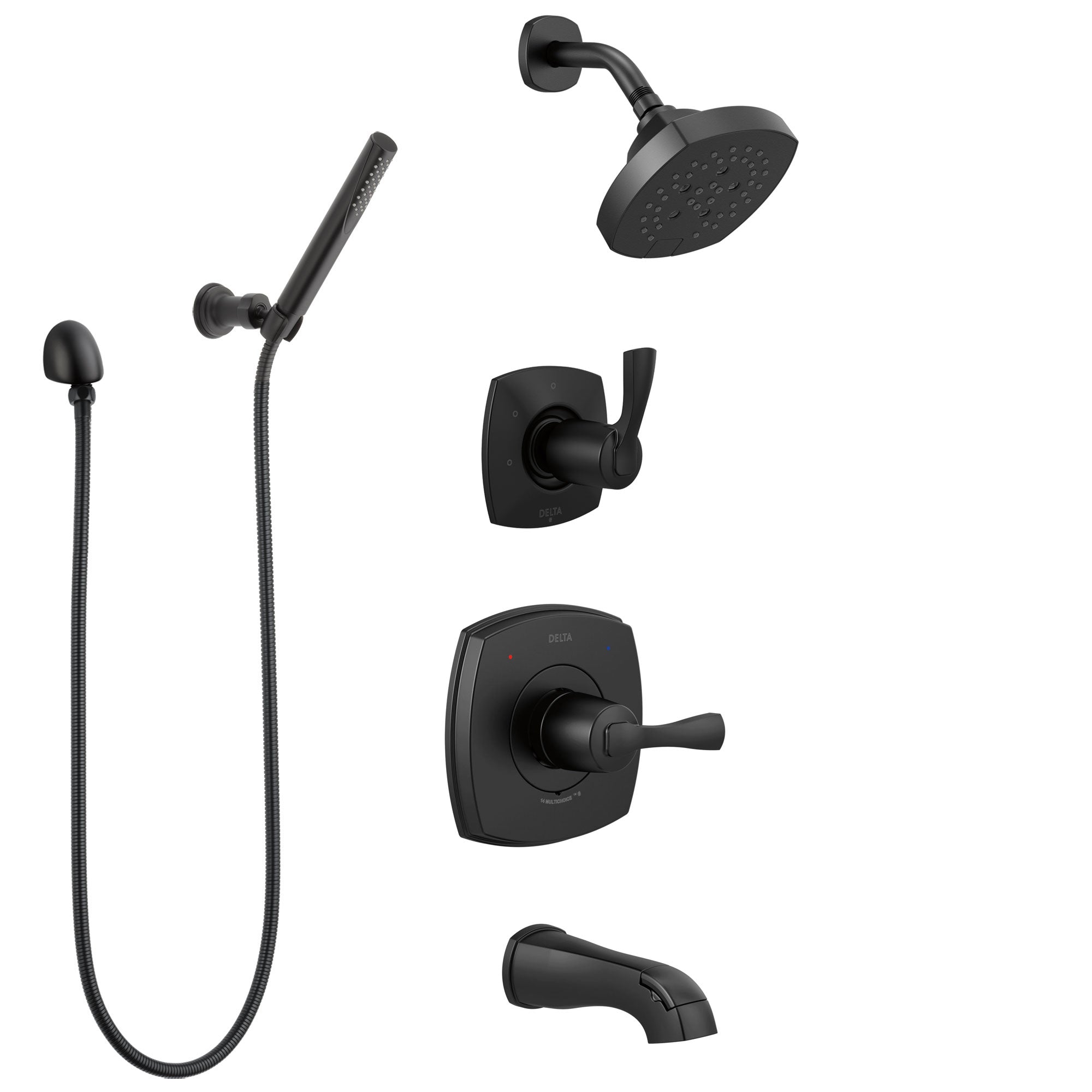 Delta Stryke Matte Black Finish Complete Tub Shower System with Diverter, Modern Showerhead, and Wall Mount Hand Sprayer SS144763BL3