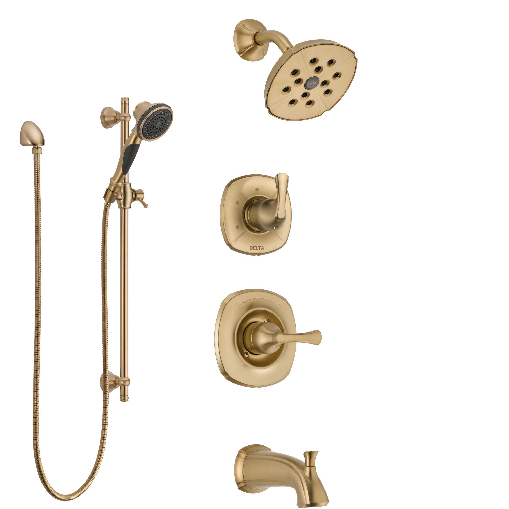 Delta Addison Champagne Bronze Tub and Shower System with Control Handle, 3-Setting Diverter, Showerhead, and Hand Shower with Slidebar SS14492CZ2