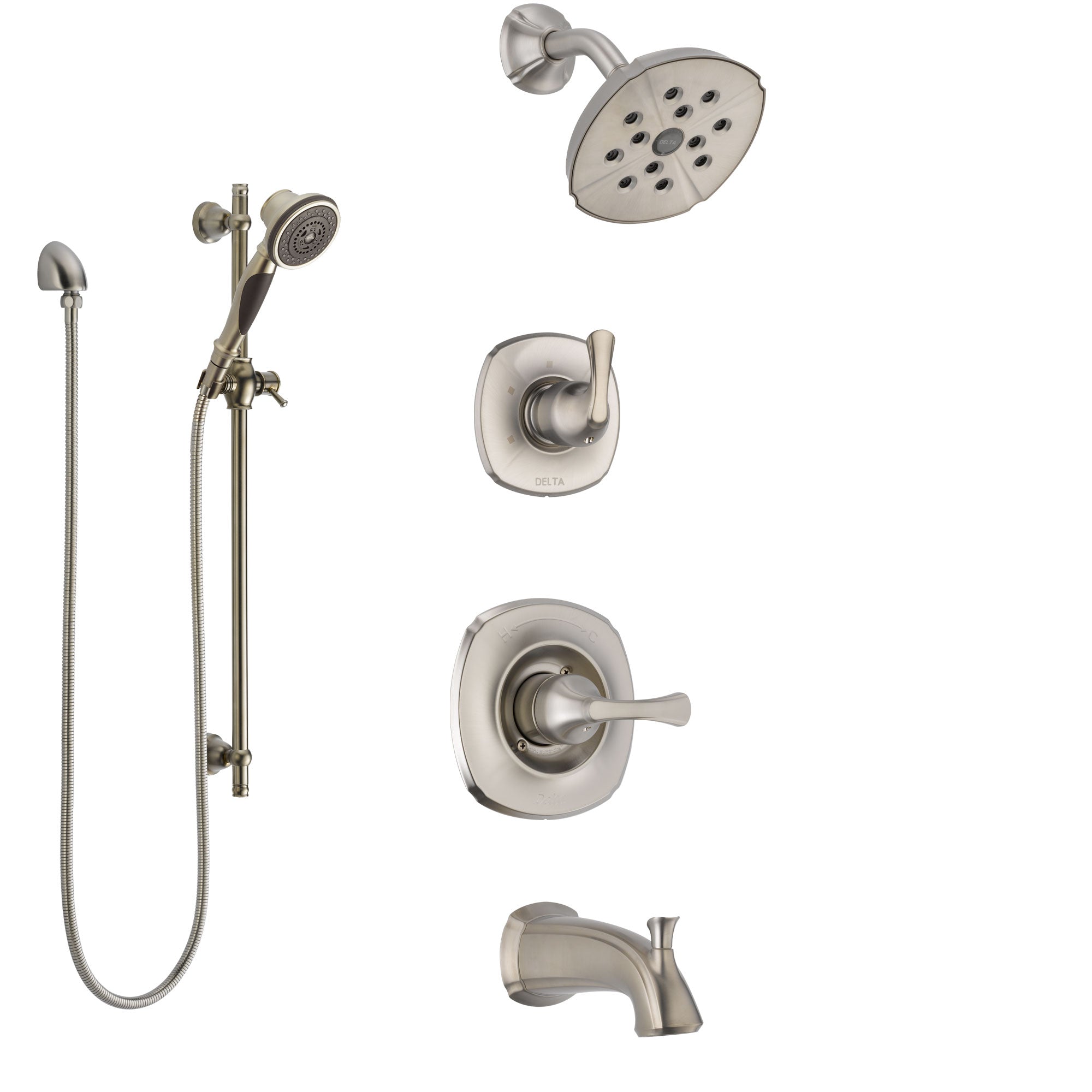 Delta Addison Stainless Steel Finish Tub and Shower System with Control Handle, Diverter, Showerhead, and Hand Shower with Slidebar SS14492SS6