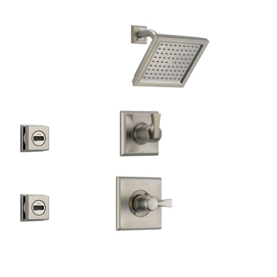 Delta Dryden Stainless Steel Shower System with Normal Shower Handle, 3-setting Diverter, Square Showerhead, and 2 Modern Body Sprays SS145181SS