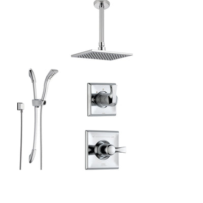 Delta Dryden Chrome Shower System with Normal Shower Handle, 3-setting Diverter, Large Square Rain Ceiling Mount Showerhead, and Handheld Shower SS145182