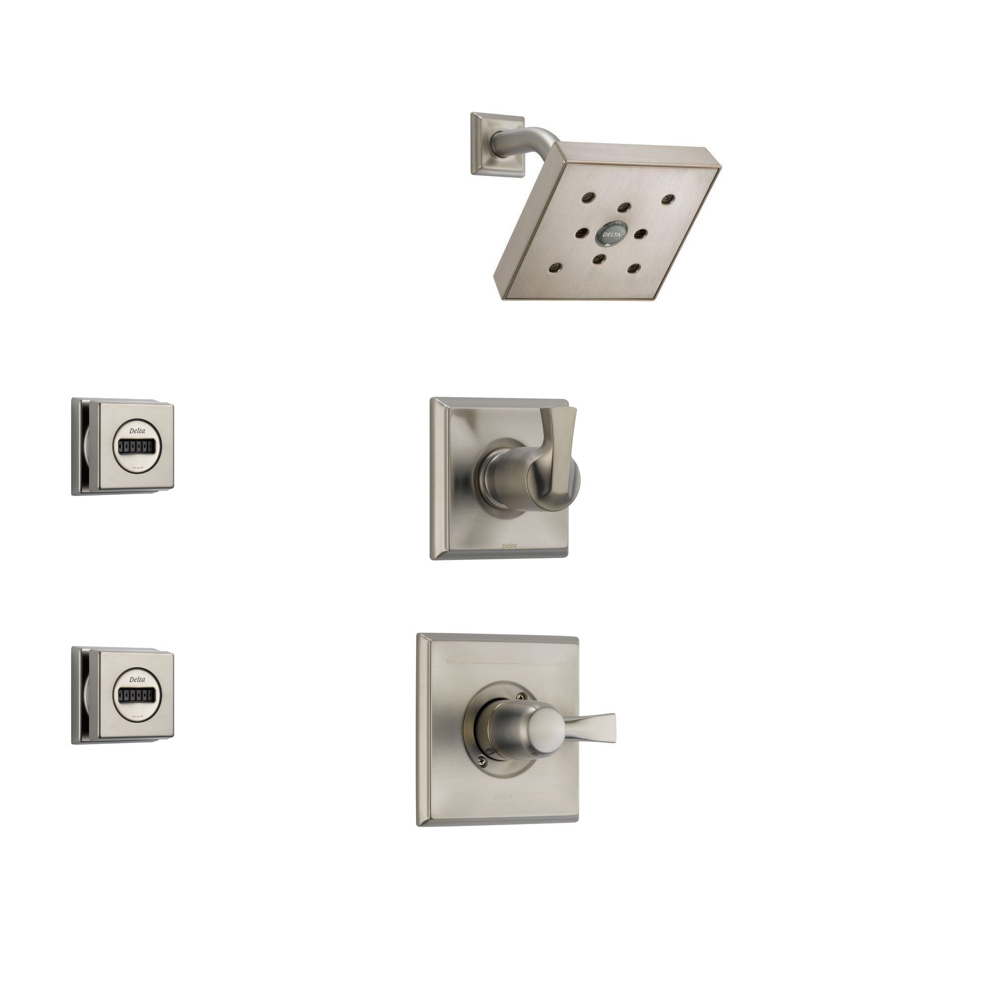 Delta Dryden Stainless Steel Shower System with Normal Shower Handle, 3-setting Diverter, Modern Square Showerhead, and 2 Body Sprays SS145185SS