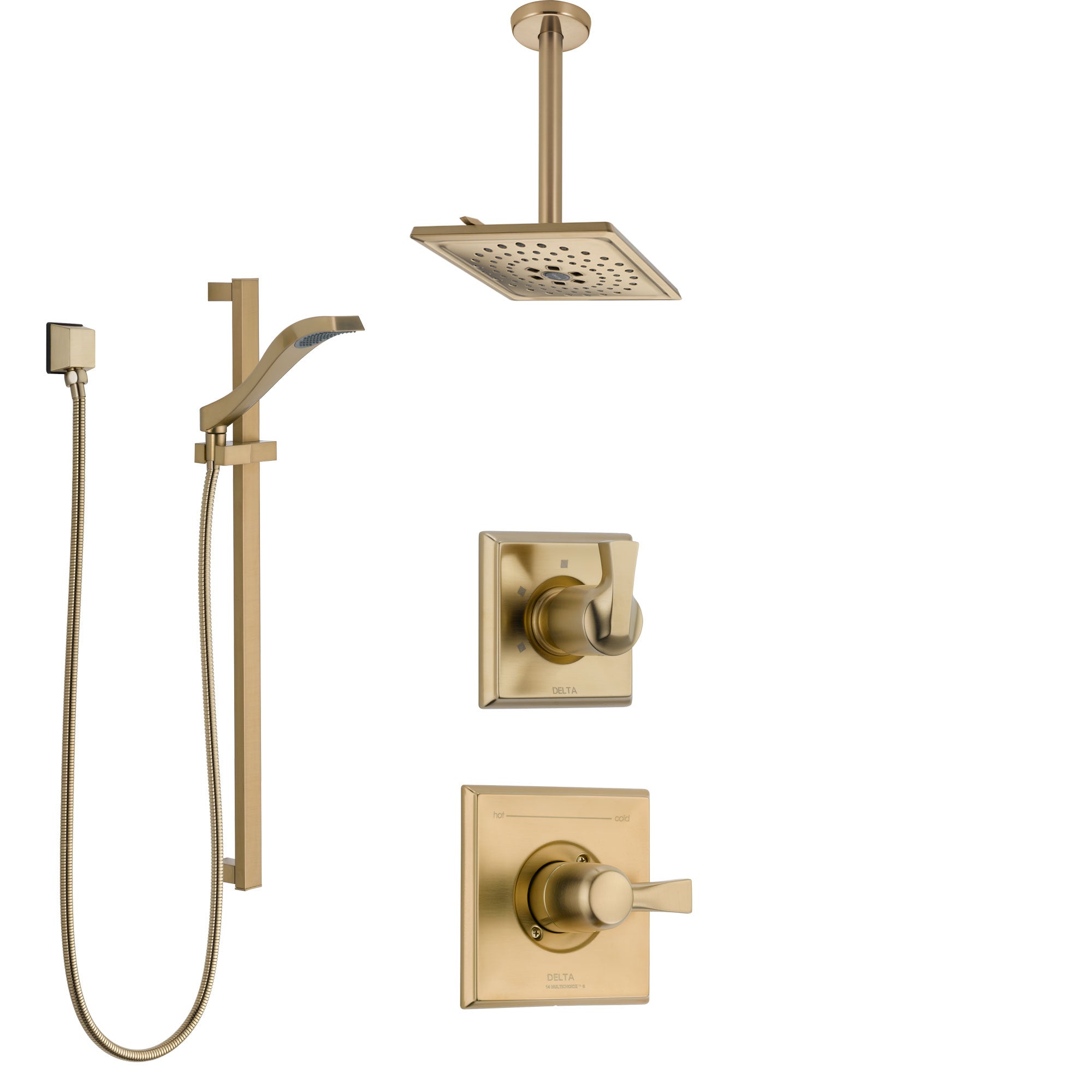 Delta Dryden Champagne Bronze Shower System with Control Handle, 3-Setting Diverter, Ceiling Mount Showerhead, and Hand Shower with Slidebar SS1451CZ3