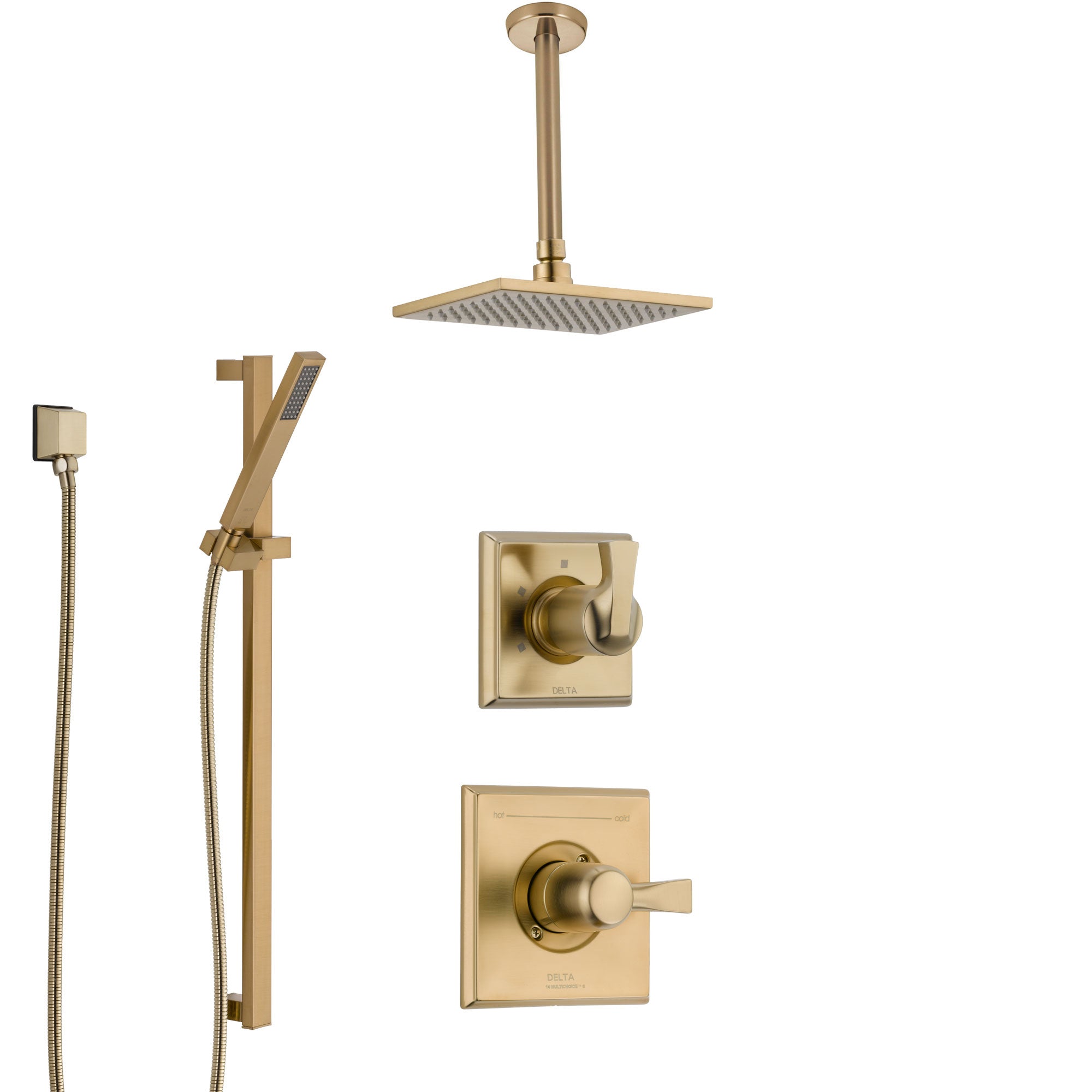 Delta Dryden Champagne Bronze Shower System with Control Handle, 3-Setting Diverter, Ceiling Mount Showerhead, and Hand Shower with Slidebar SS1451CZ6