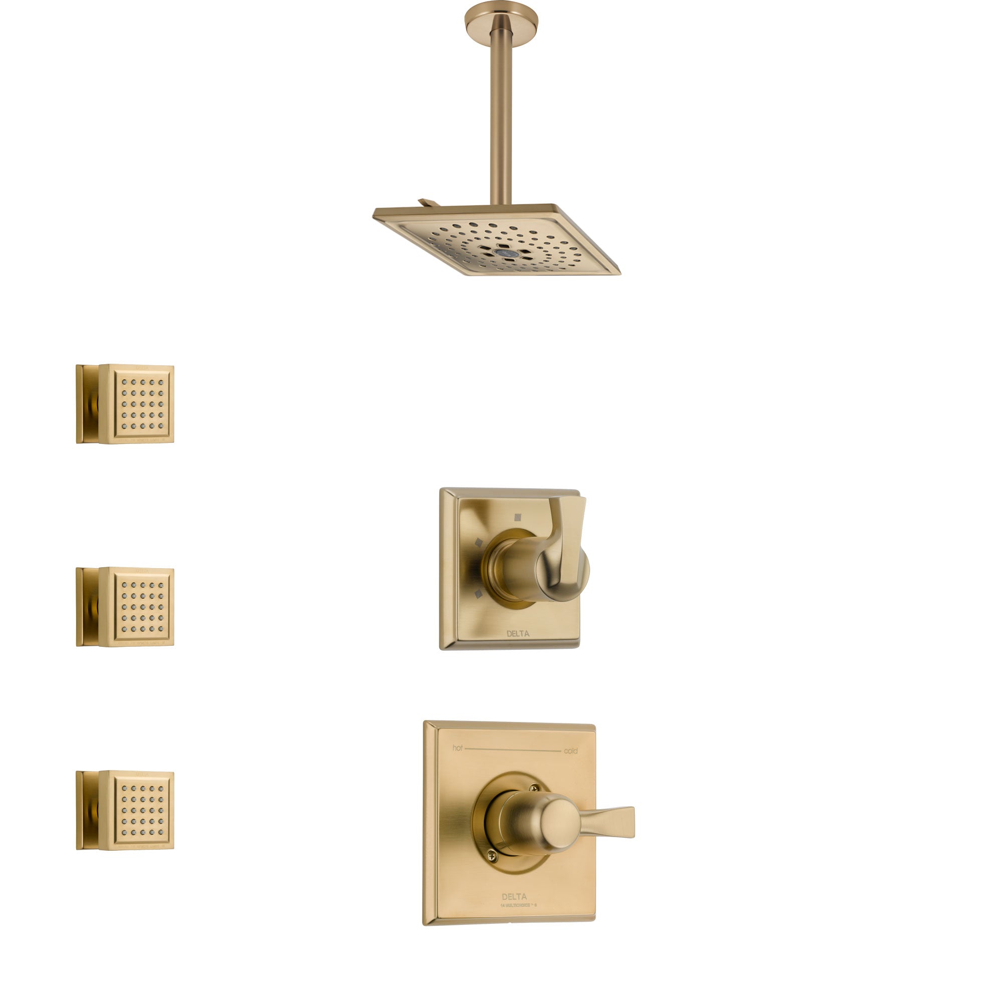 Delta Dryden Champagne Bronze Finish Shower System with Control Handle, 3-Setting Diverter, Ceiling Mount Showerhead, and 3 Body Sprays SS1451CZ8