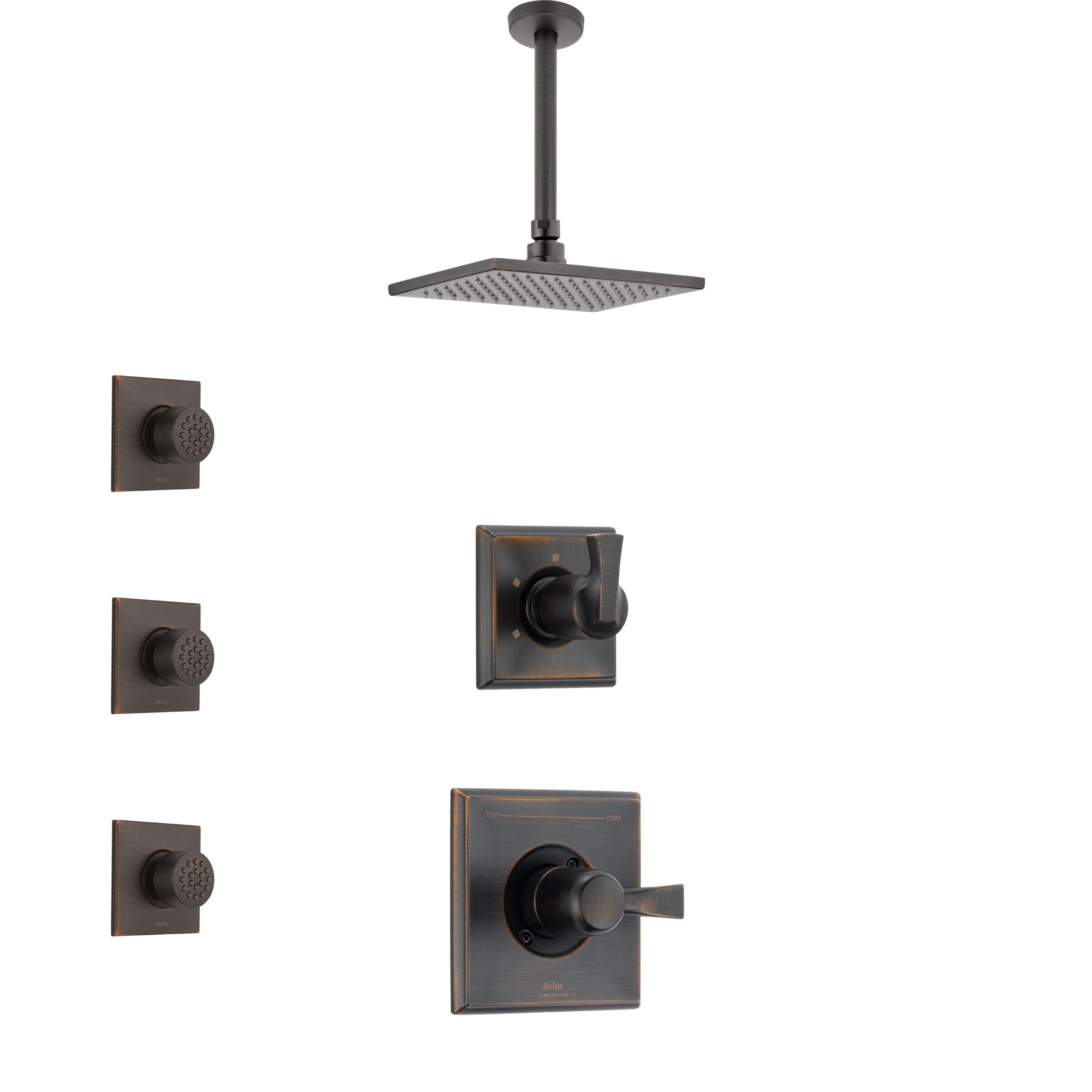 Delta Dryden Venetian Bronze Finish Shower System with Control Handle, 3-Setting Diverter, Ceiling Mount Showerhead, and 3 Body Sprays SS1451RB8